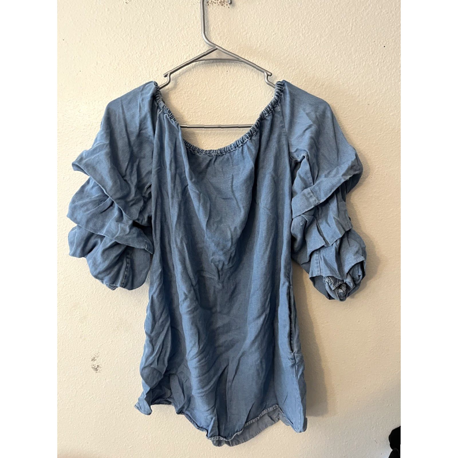 Zara ZARA Off the Shoulder Chambray Dress Women's XS Blue Tiered Ruffle Sheath Short Size XS / US 0-2 / IT 36-38 - 3 Thumbnail