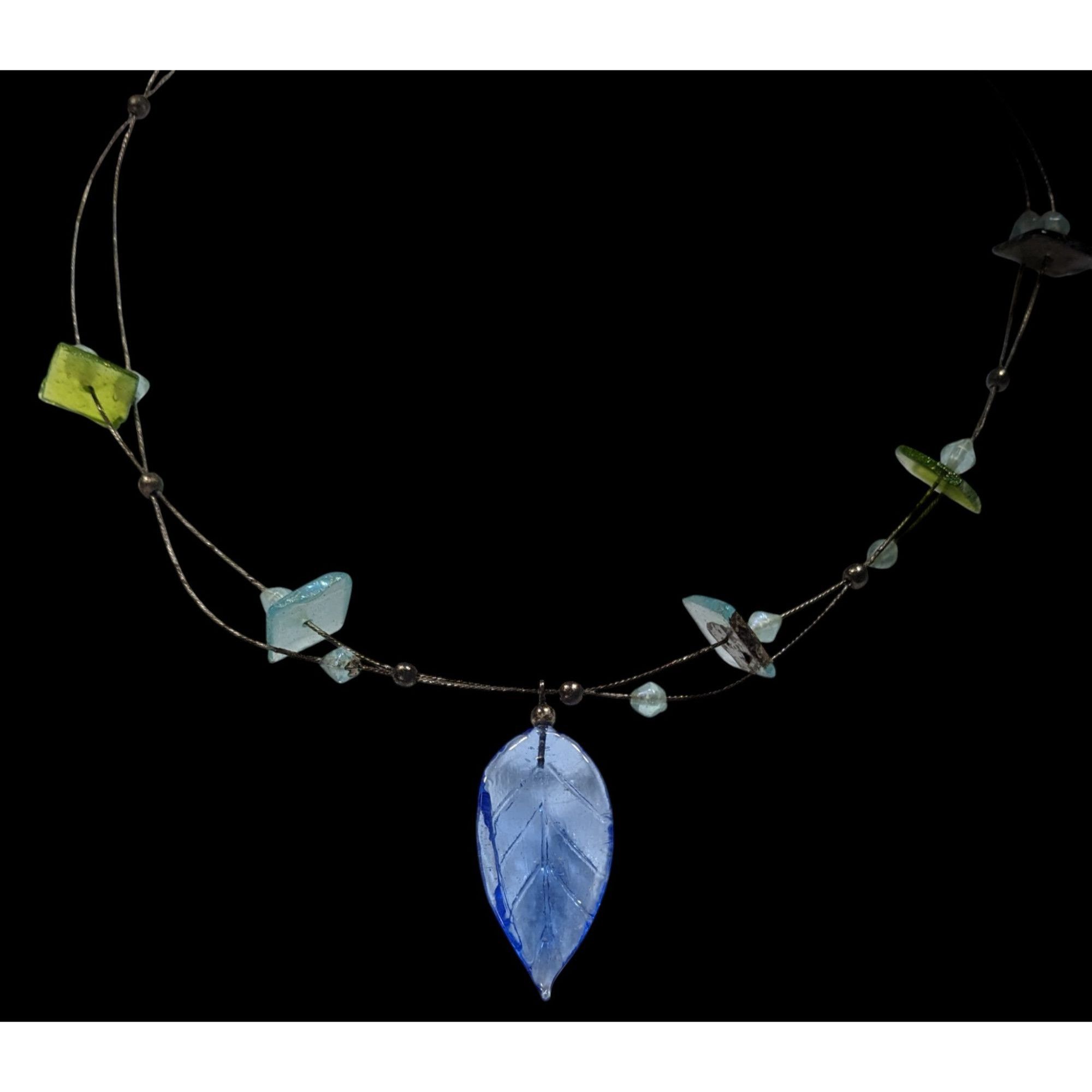 Handmade Handcrafted Necklace With Blue Glass Leaf Pendant & Green Ac Size ONE SIZE - 2 Thumbnail