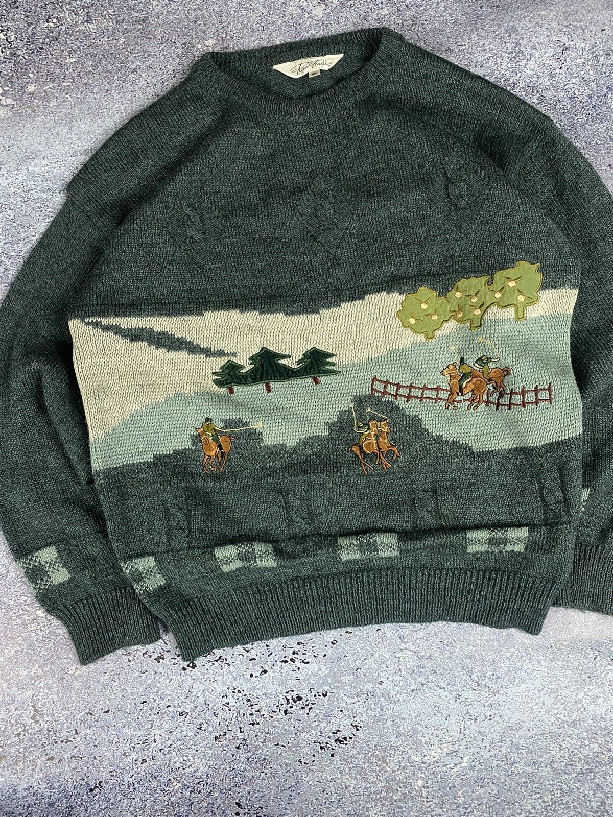 Aran Isles Knitwear × Japanese Brand Vintage Coogi style Japanese Knit Sweater horses polo Ralph Size L / US 10 / IT 46 - 3 Thumbnail