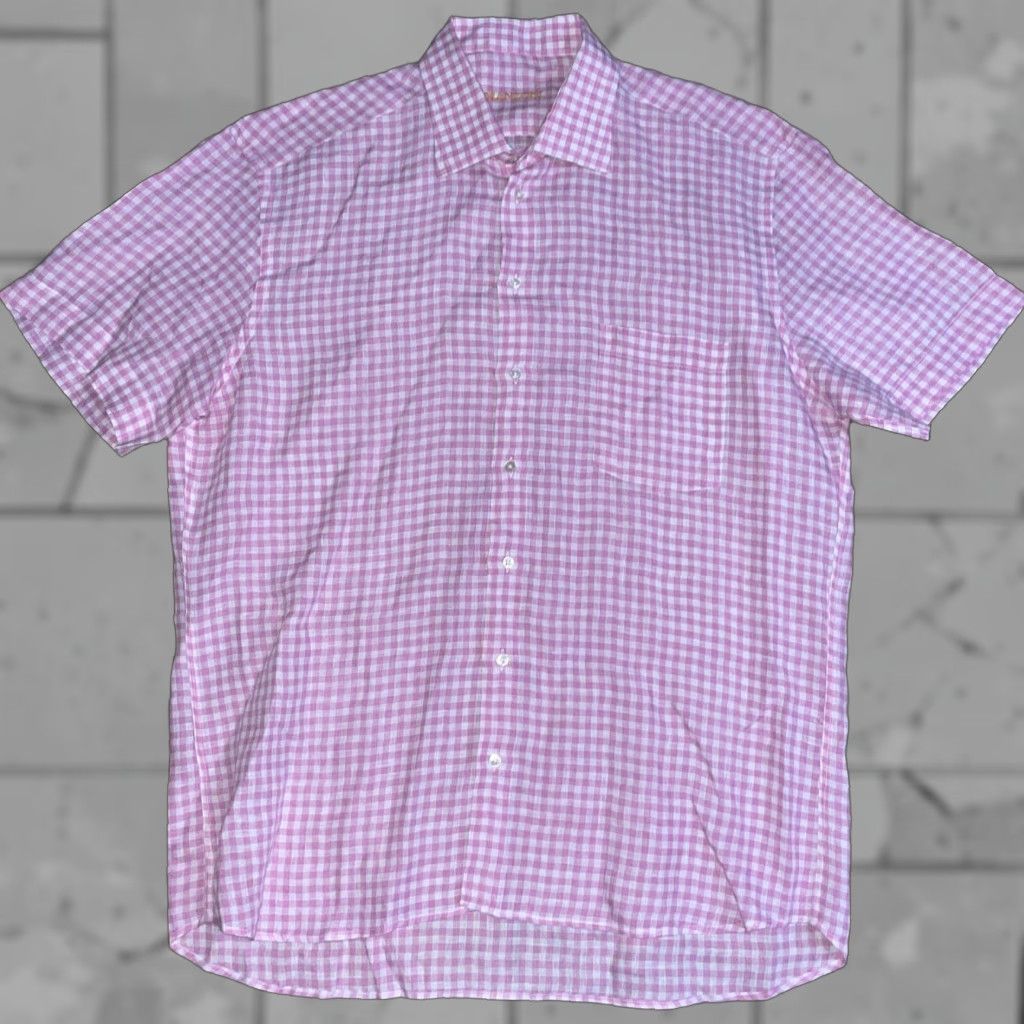 Pinko Manzoni Shirt XL Pink Plaid Button-Up Short Sleeve Mens Size US XL / EU 56 / 4 - 1 Thumbnail