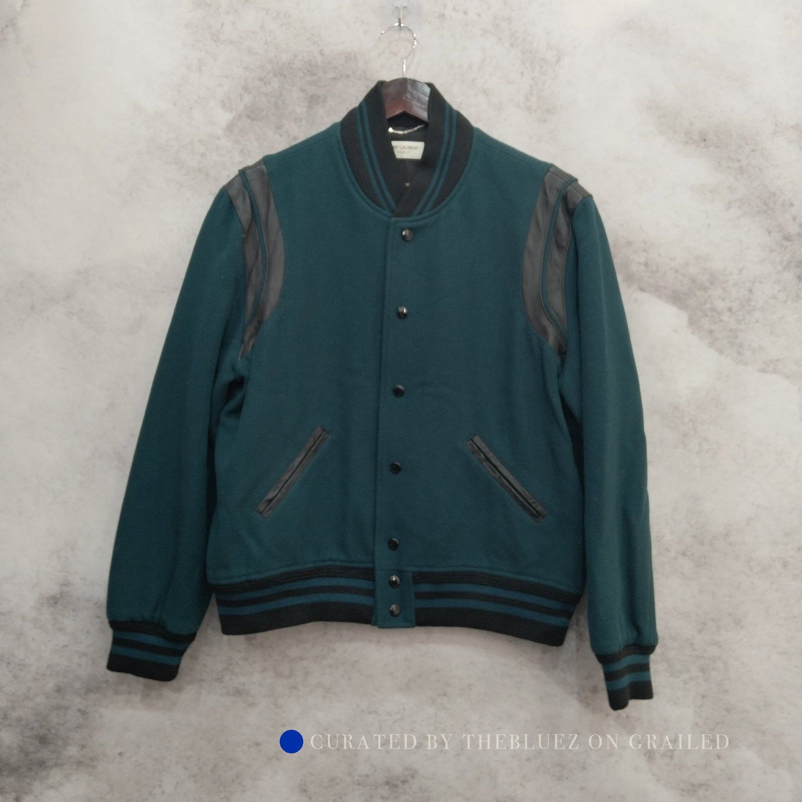 Saint Laurent Paris Green Bomber Jacket with Contrast Sleeves - Size L Size US L / EU 52-54 / 3 - 1 Thumbnail