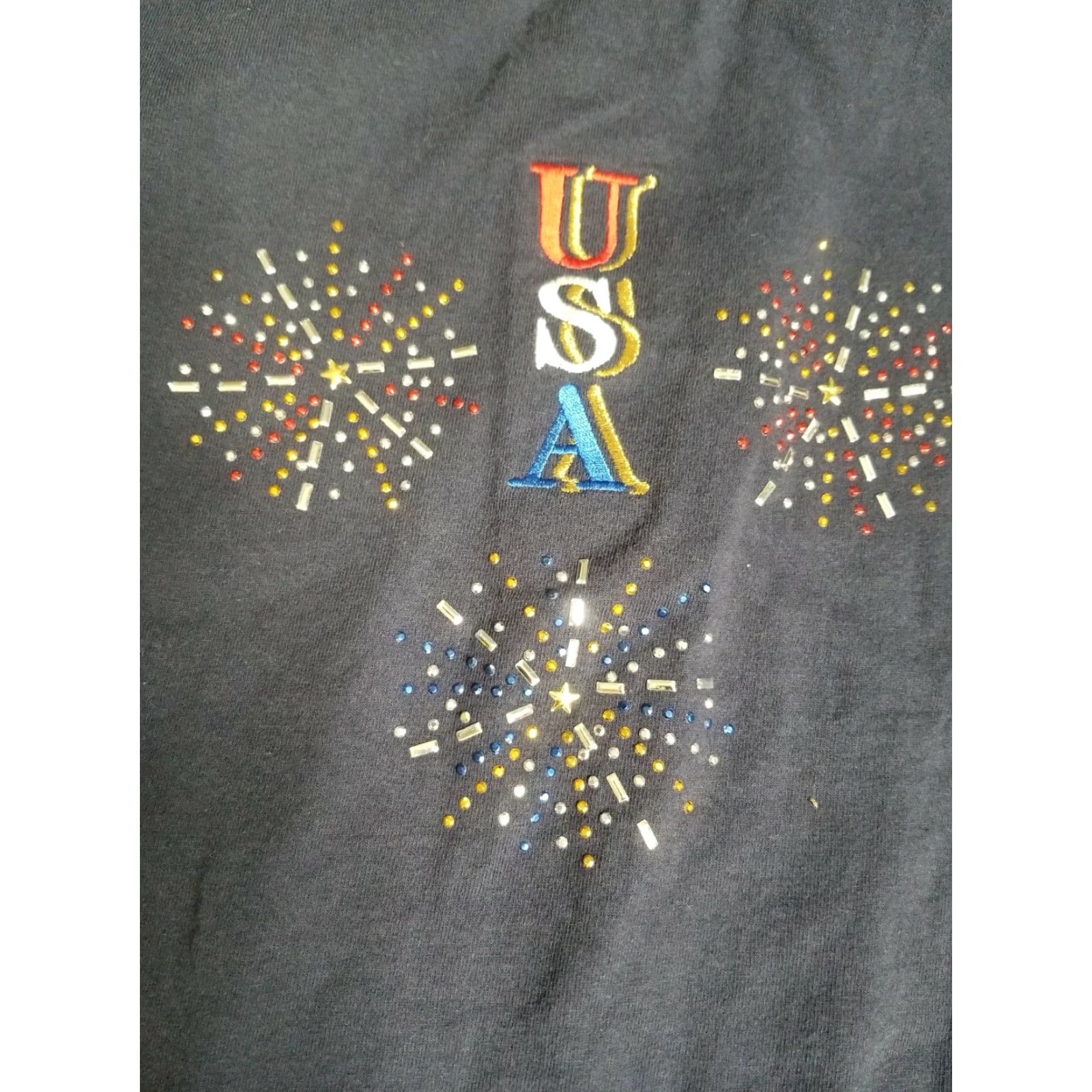 Vintage Vintage Mcc Sportwear Womens XL USA 4th of July Patriotic T Shirt Rhinestones Blue Crew Neck Short Sleeve Size XL / US 12-14 / IT 48-50 - 2 Thumbnail