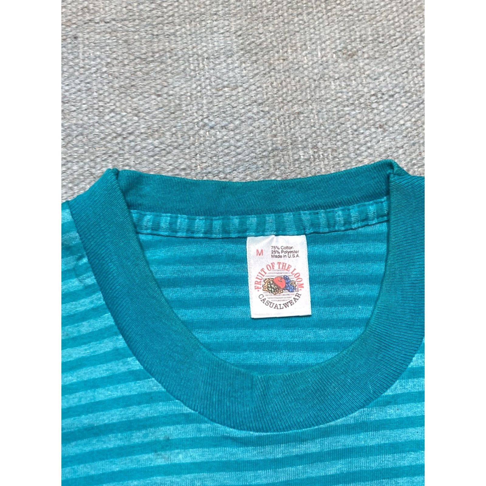 Fruit Of The Loom VINTAGE Fruit of the Loom Striped T-Shirt Distressed Grunge Teal Blue M Adult Medium Men's Shirt Size US M / EU 48-50 / 2 - 6 Thumbnail
