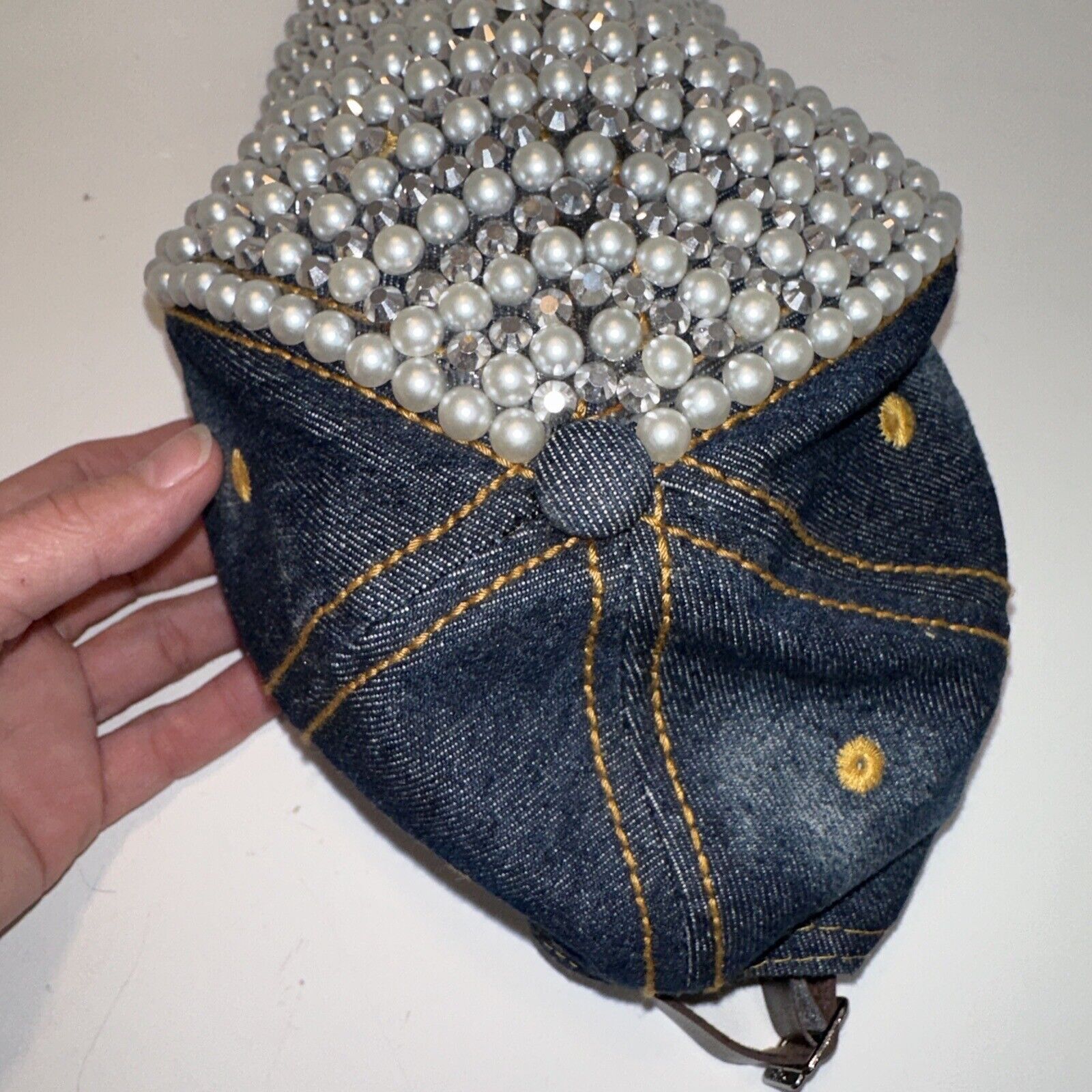 Other 29 Palms Cap Hat Faux Pearls & Rhinestone Blue Jean Leather Size ONE SIZE - 10 Thumbnail