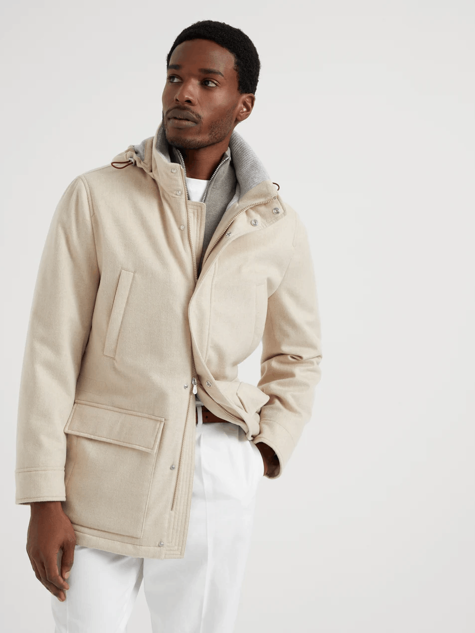 Brunello Cucinelli o1w1db10226 Cashmere Hooded Jacket in Beige Size US M / EU 48-50 / 2 - 1 Thumbnail