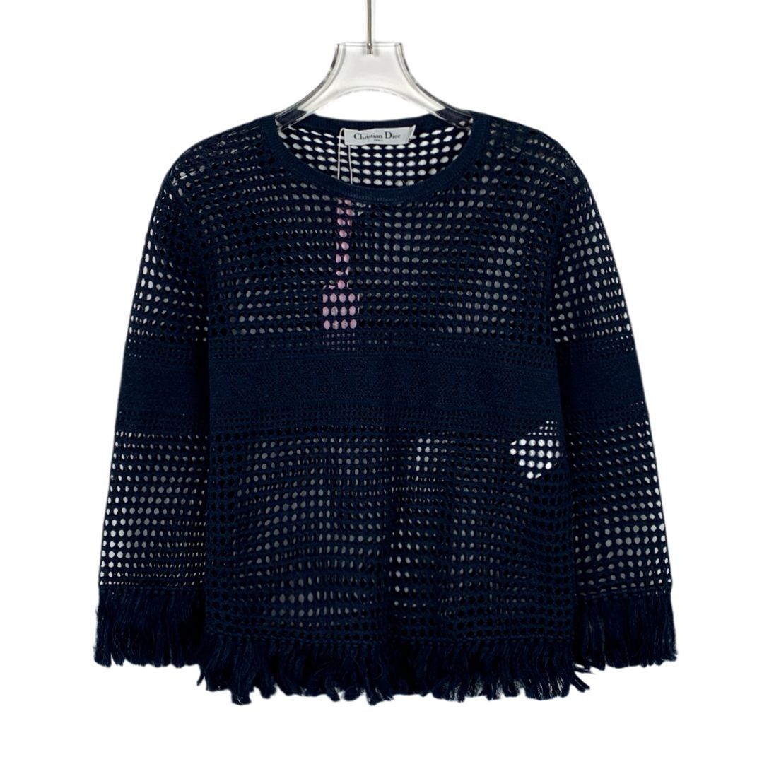 Christian Dior Monsieur Christian Dior Navy Blue Openwork Fringe Linen Knit Sweater Size XS / US 0-2 / IT 36-38 - 1 Thumbnail