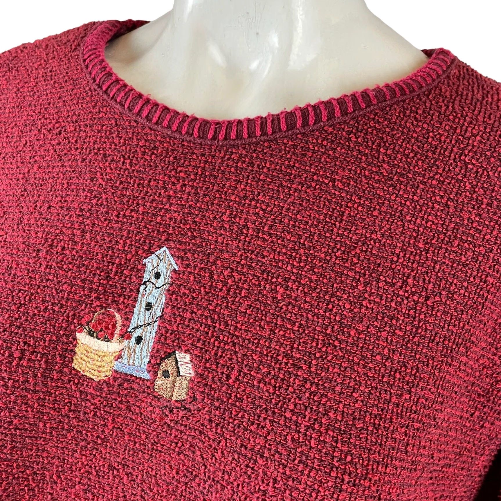 Vintage VINTAGE Grandma Sweatshirt Womens XL Embroidered 90s Cottage Birdhouse USA F3 Artisans Cardigan Knit Crew Neck Red Cotton Blend Long Sleeve Size XL / US 12-14 / IT 48-50 - 2 Thumbnail