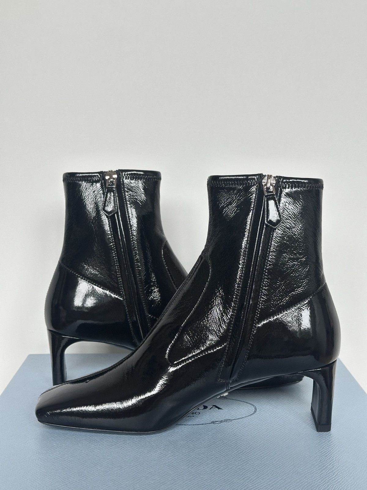 Designer × Prada NEW PRADA Patent Naplak Tech Square Toe Ankle Boots Size US 6 / IT 36 - 7 Thumbnail
