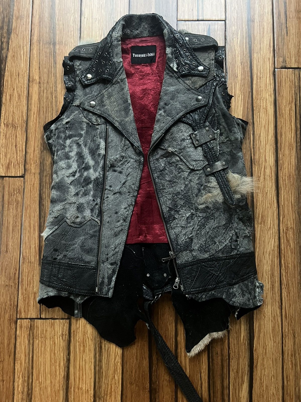 image of Yasuyuki Ishii Leather Fur Variation Patchwork Biker Vest in Black, Men's (Size Medium)