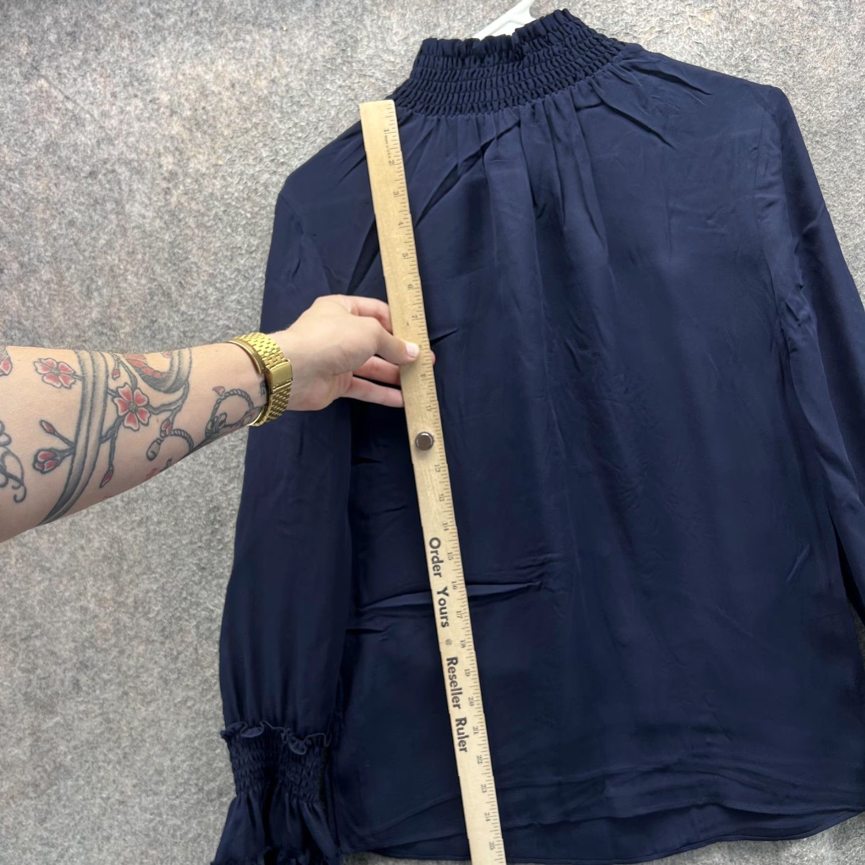 KOBI HALPERIN Kobi Halperin Blouse Womens XS Navy Blue 100% Silk Mock Neck Ruffle Cuff Top Smocked Lightweight Long Sleeve Modern Classic Size XS / US 0-2 / IT 36-38 - 3 Thumbnail