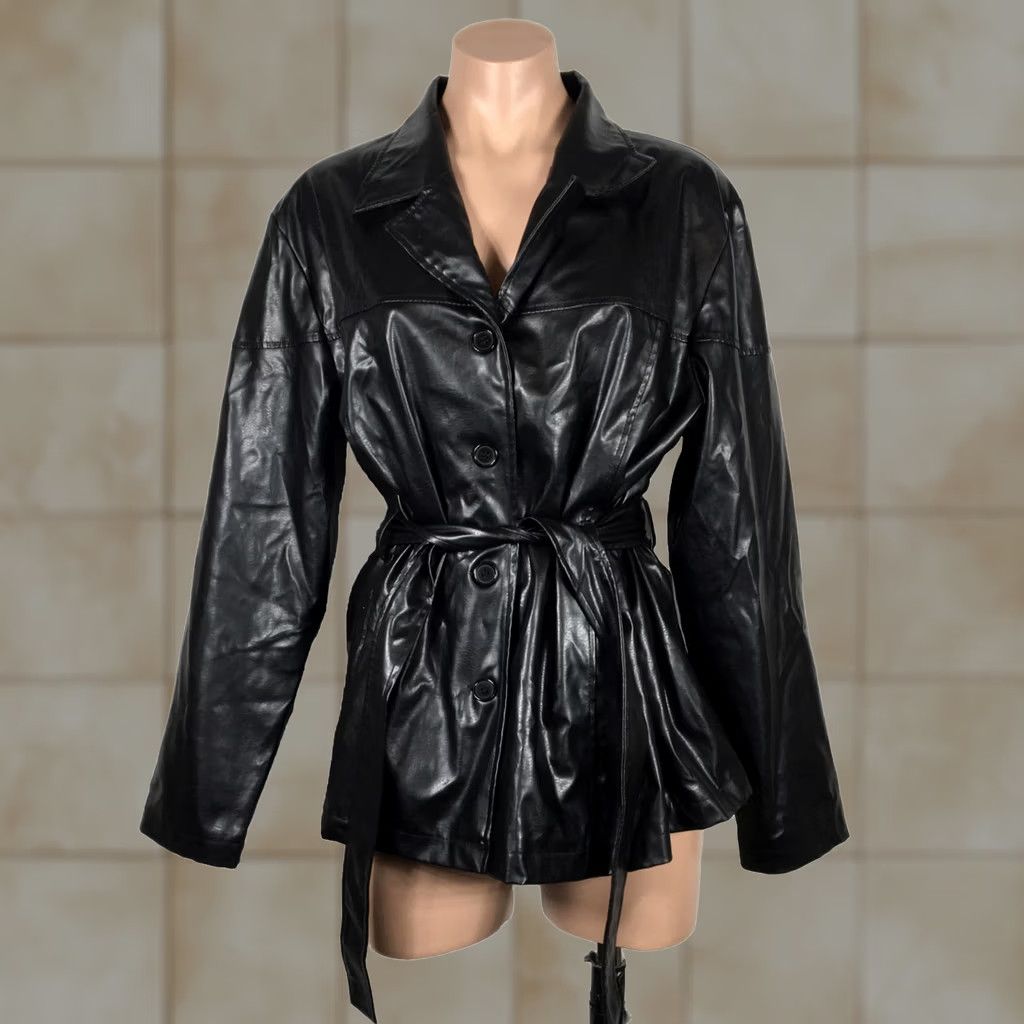 Vintage VINTAGE Y2K RAVE Belted Faux Leather Jacket Long Club Black Womens XL Size XL / US 12-14 / IT 48-50 - 1 Thumbnail