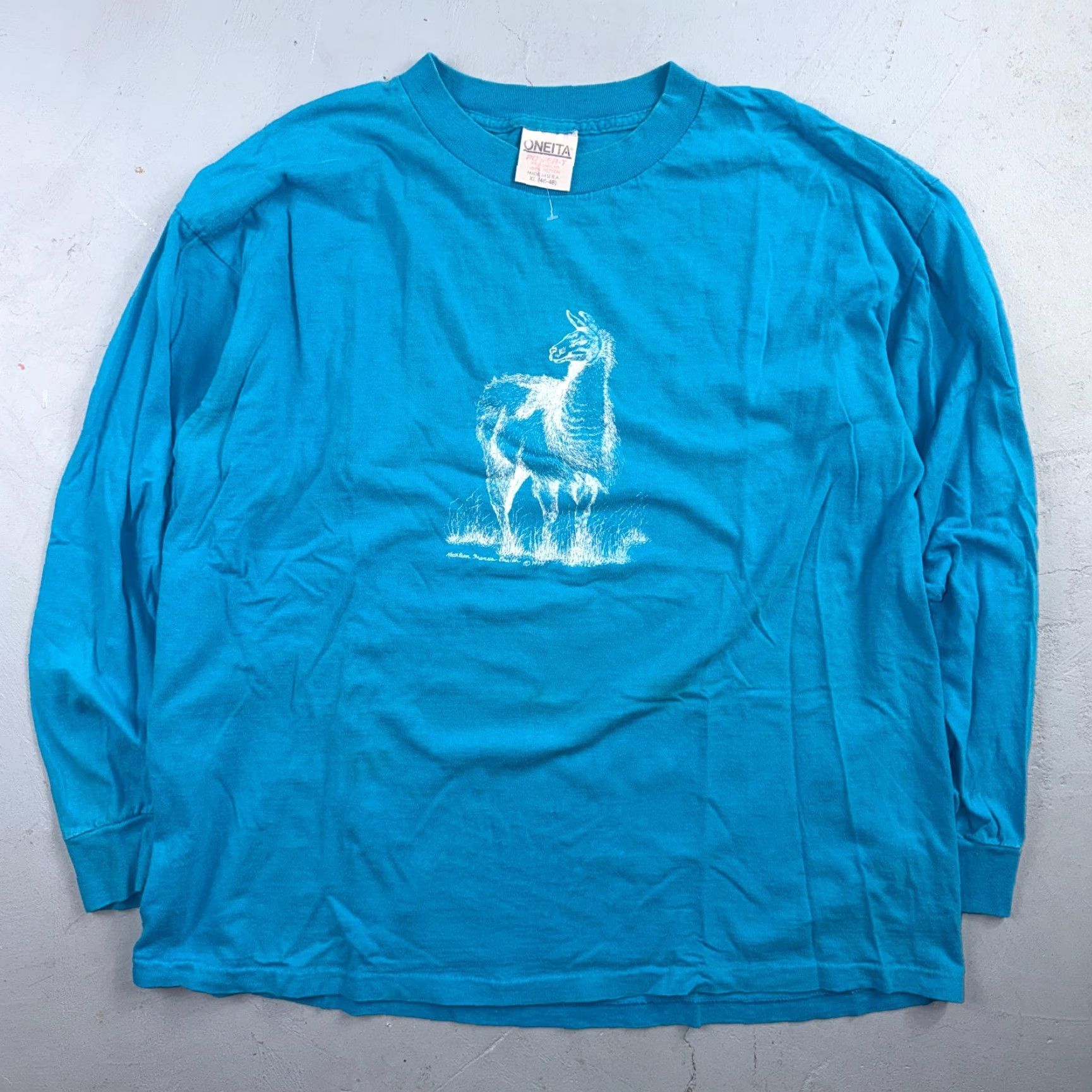 Vintage VINTAGE Oneita XL Blue T Shirt Men Short Sleeve Crew Neck Graphic Alpaca Llama Animals - Blue Long Sleeve Art - 70s 80s 90s - Men Ready Size US XL / EU 56 / 4 - 2 Thumbnail