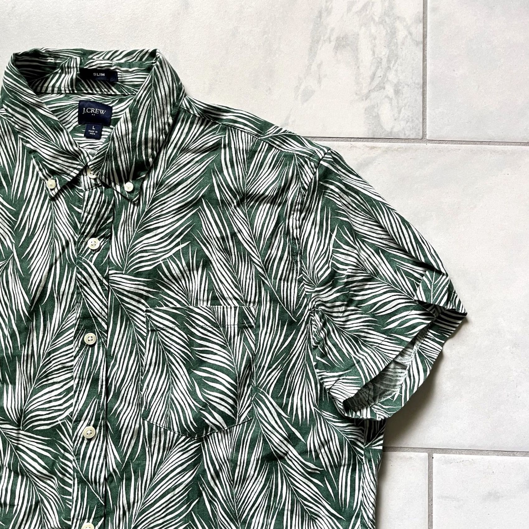 J.Crew J.CREW Linen Shirt Green White Mens Button-Up Slim Fit Short Sleeve Casual Pocket Labeled Large Size US L / EU 52-54 / 3 - 3 Thumbnail