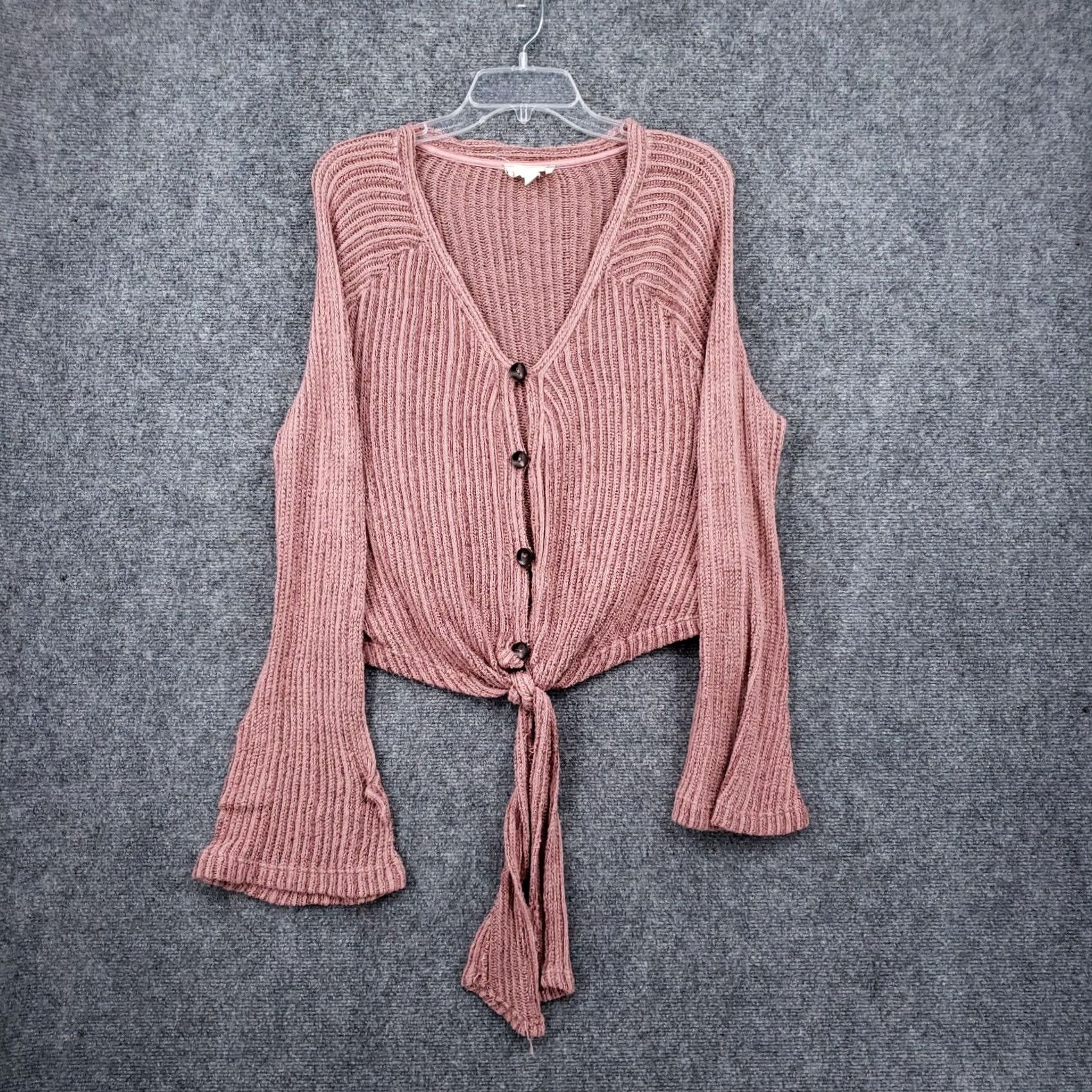 Vintage Altar'd State Sweater Cardigan Womens S Pink Knit Flared Front Tie V-Neck Open-Knit Casual Fall Spring Winter Size S / US 4 / IT 40 - 2 Thumbnail