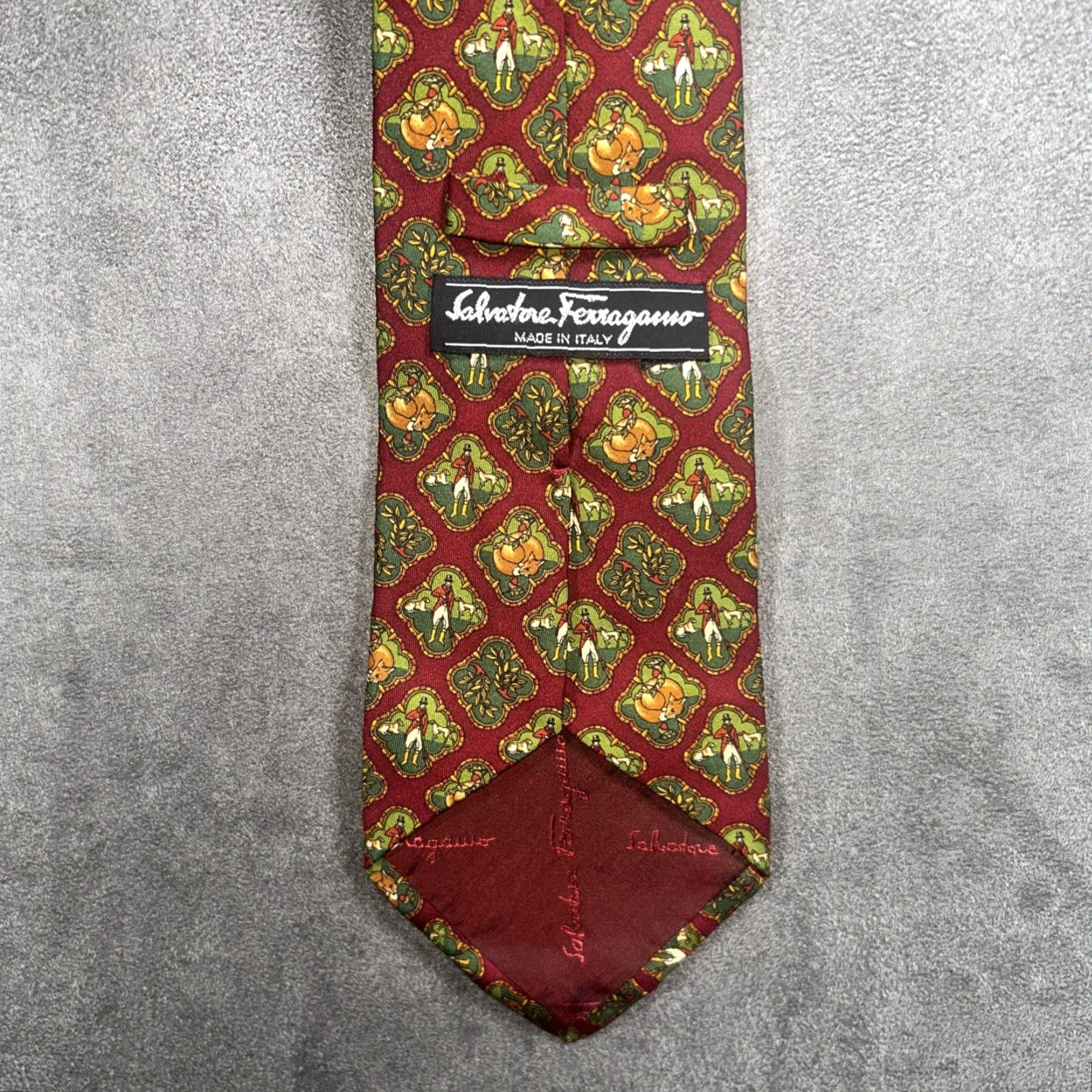 Salvatore Ferragamo Salvatore Ferragamo Silk Tie Red Geometric Pattern Dog Hunting Fox Logo Men's Tie Size ONE SIZE - 5 Thumbnail