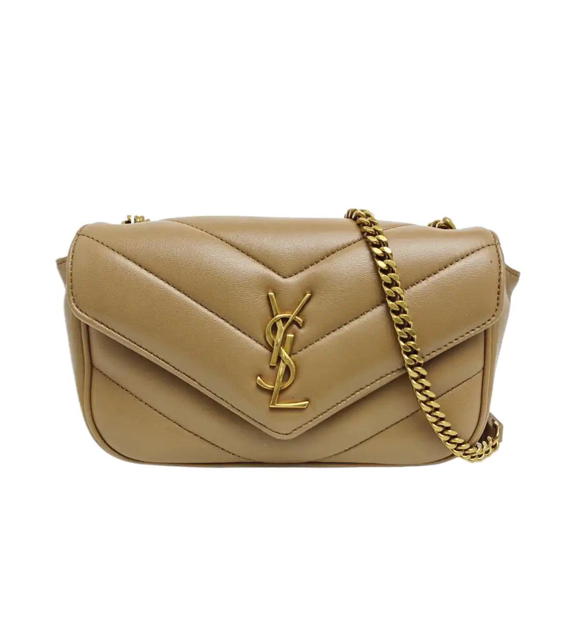 Saint Laurent Paris Ysl Loulou Mini Khaki Sheepskin Quilted Vshoulder Bag Crossb in Beige, Women's