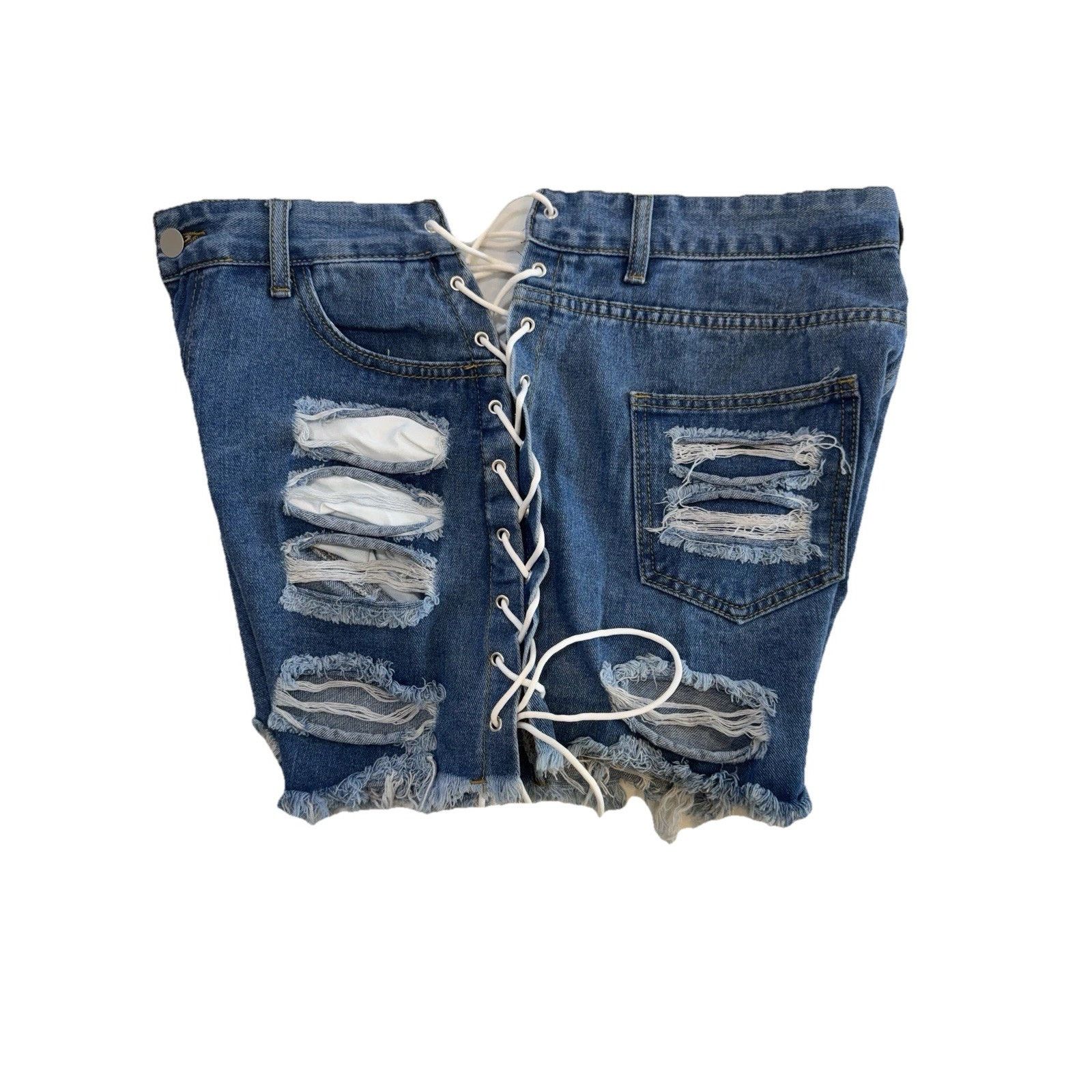 Shein Shein Women Distressed Denim Shorts Lace Up Sides Frayed XL Size 36" / US 14 / IT 50 - 10 Thumbnail