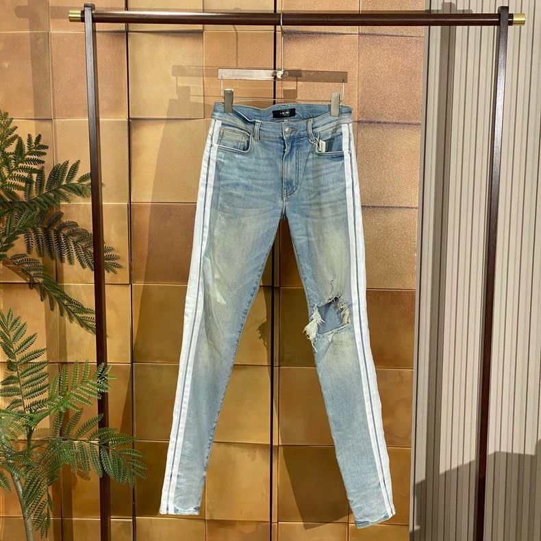 Amiri Amiri Washed Blue Destroyed Side Stripe Patch Logo Denim P Size US 30 / EU 46 - 1 Thumbnail