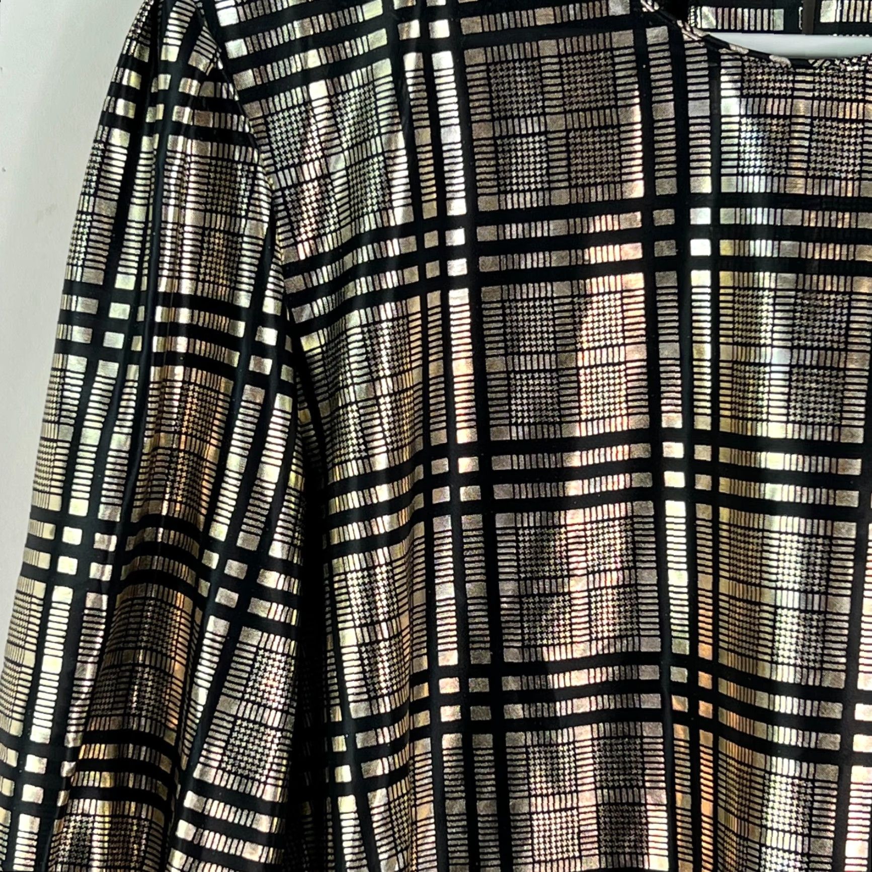 Vintage Tan F Jay Women's Blouse Plaid Metallic Black Top Size 16 3/4 Sleeves Pullover Size XXL / US 16-18 / IT 52-54 - 4 Thumbnail