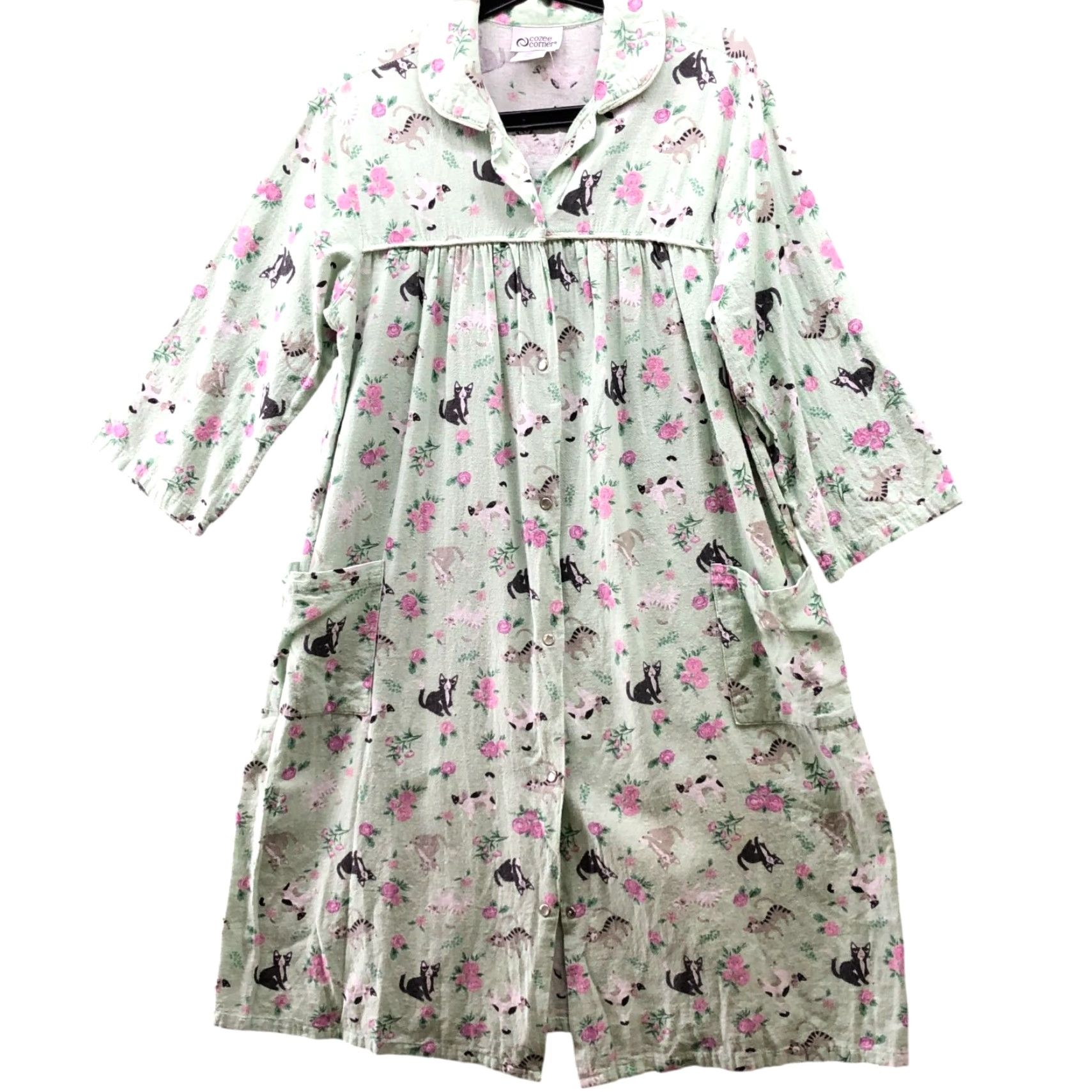 Vintage Cozee Corner Nightgown Flannel Womens L Green Cat Print Floral Nightgown Cat Lady Nightgown Size ONE SIZE - 2 Thumbnail