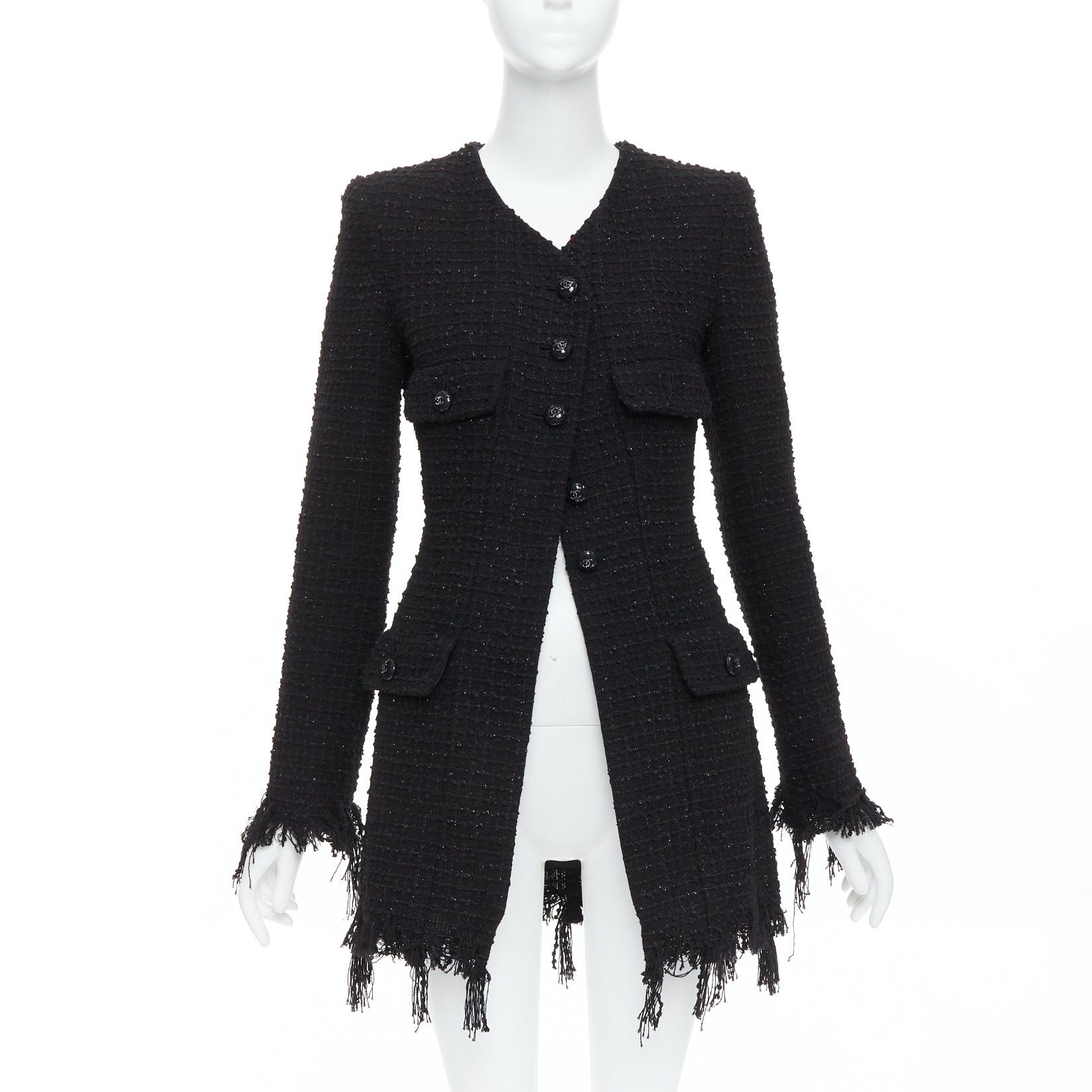 Chanel CHANEL 22C Runway black tweed fringe trim 4 pocket long jacket FR36 S Size S / US 4 / IT 40 - 1 Thumbnail