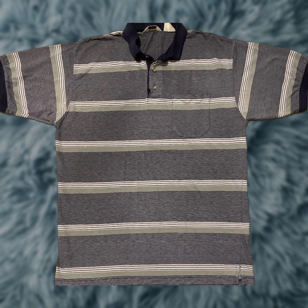 Vintage Vtg 80s 90s Faded Striped Polo Shirt L Blue AOP Surf Skate Grunge Vaporwave OP Men Rugby Short Sleeve Vintage Shirt Size US L / EU 52-54 / 3 - 1 Thumbnail