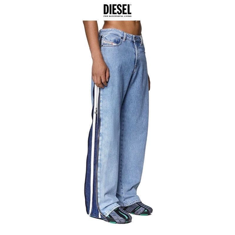 Diesel Blue Denim Wide-Leg Pants with Side Stripes Size US 32 / EU 48 - 1 Thumbnail