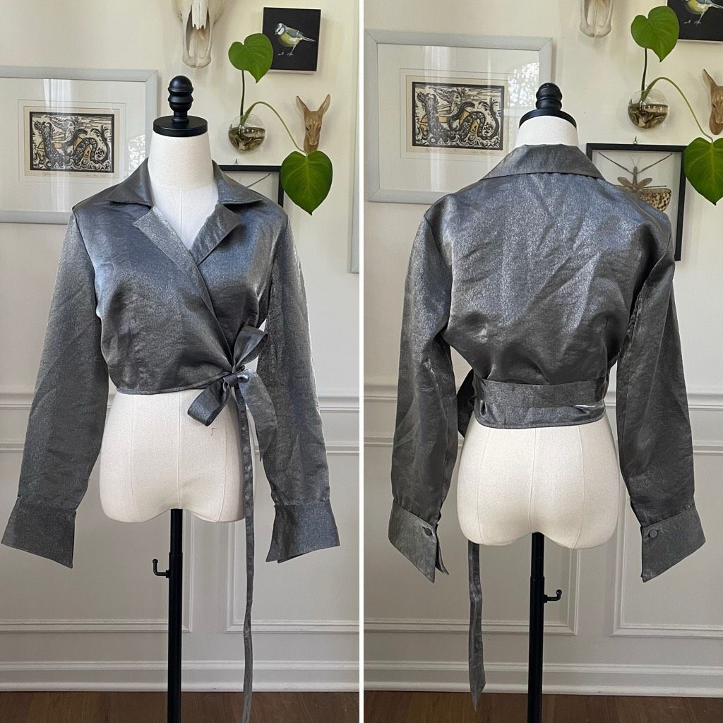 Vintage Vintage 80s 90s Le Château Metallic Silver Gunmetal Cropped Wrap Shirt M Size M / US 6-8 / IT 42-44 - 1 Thumbnail