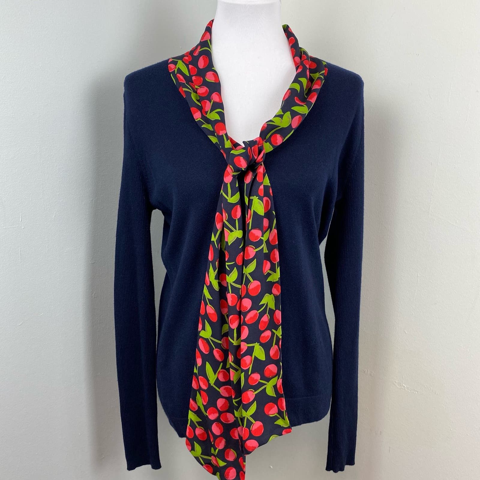 Tory Burch Tory Burch Navy Cashmere Silk Cherry Print Neck Tie Sweater Size L / US 10 / IT 46 - 1 Preview