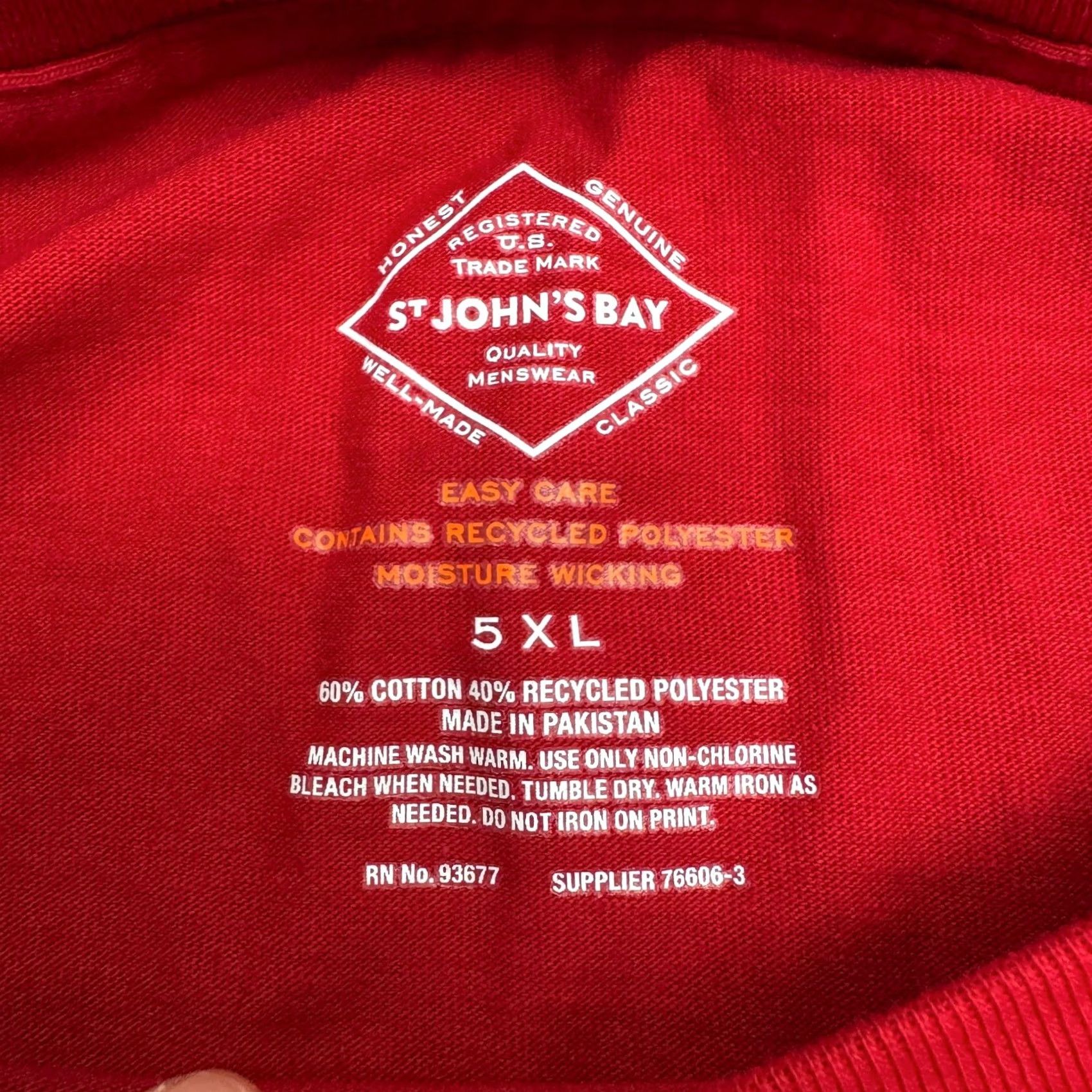 Vintage HARBOUR BAY St. John's Bay T-Shirt Mens 5XL Red Crew Neck Pocket Tee Blue Cotton Polyester Short Sleeve Regular Fit Classic Logo Knit Size US XXL / EU 58 / 5 - 3 Thumbnail