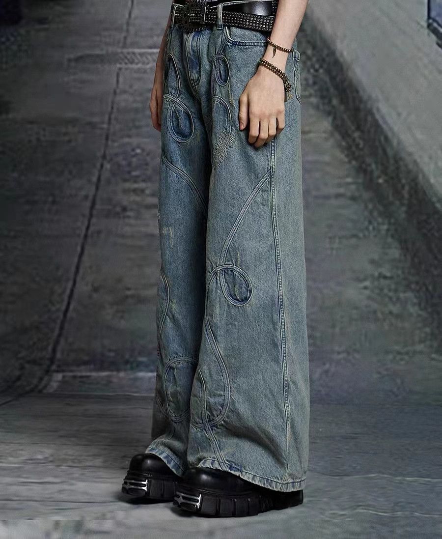 Japanese Brand × Jean Vintage embroidered washed distressed wide-leg jeans Size US 32 / EU 48 - 4 Thumbnail