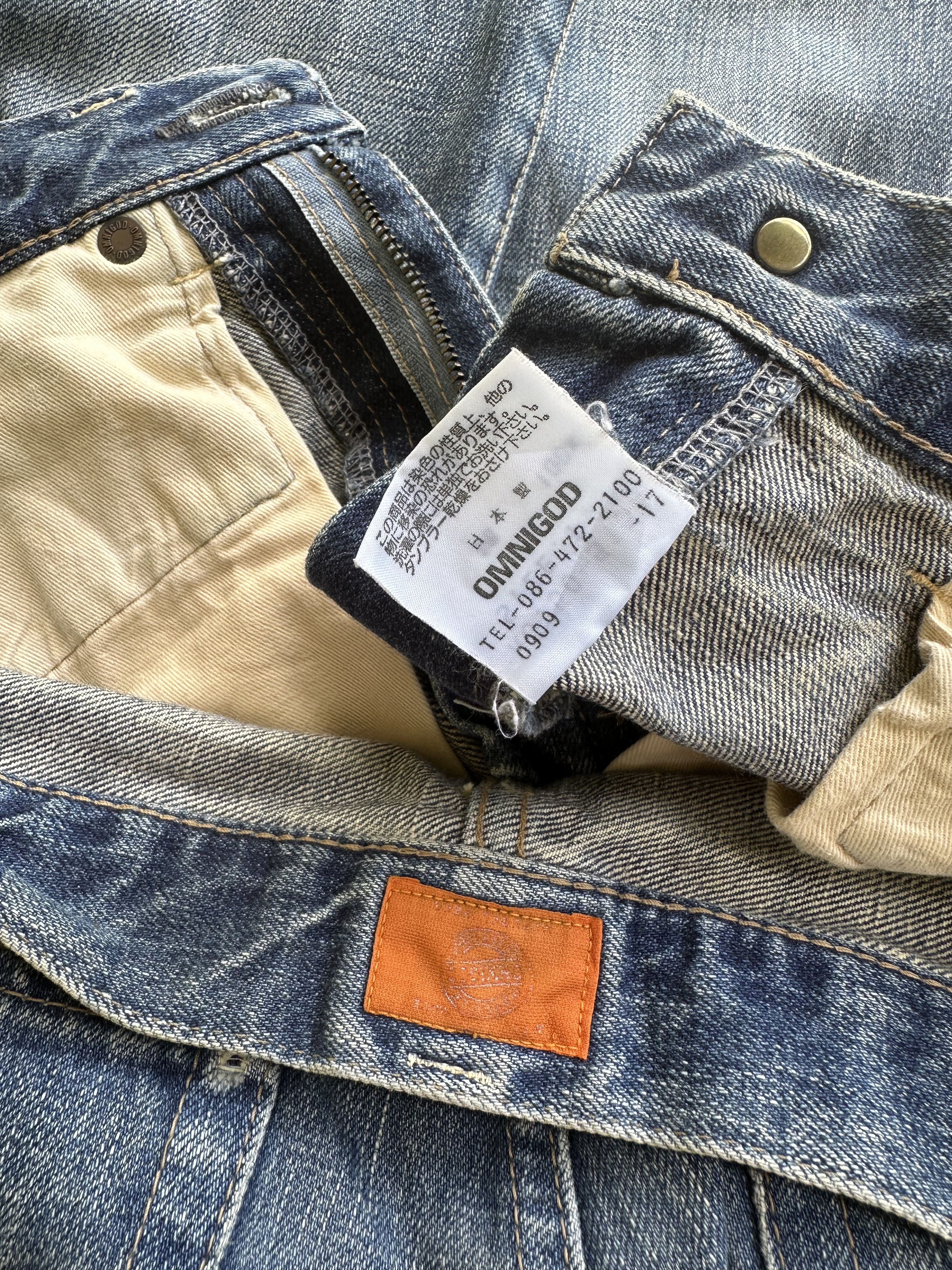 OMNIGOD Vtg Distressed Rips Boro Patchwork Omnigod Flare Denim Jeans Size US 29 - 24 Thumbnail