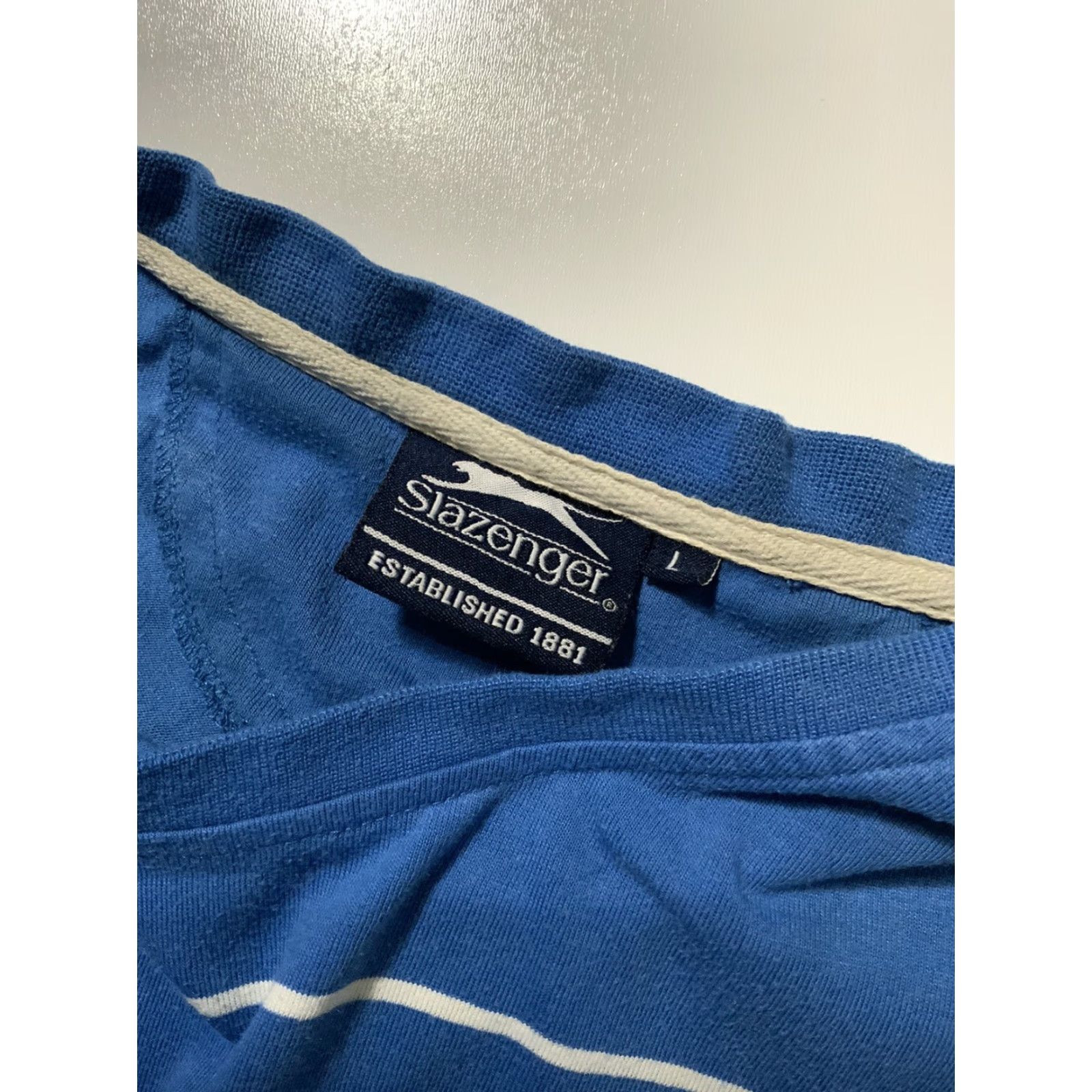 Vintage VINTAGE Slazenger Striped Blue Tennis Embroidered Logo S/S T-Shirt Sz. L Mens Blue Embroidered Logo Shirt Size US L / EU 52-54 / 3 - 7 Thumbnail