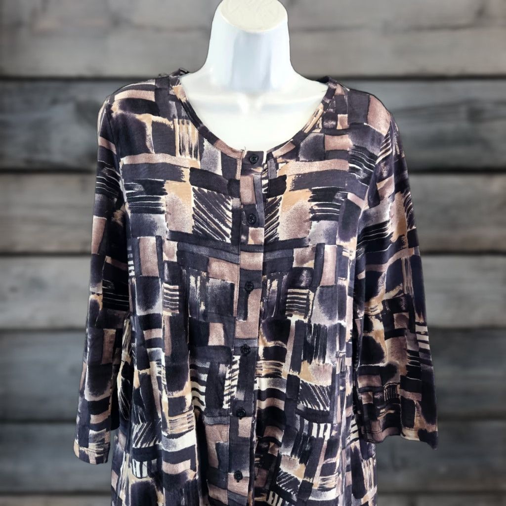 Vintage LOGO Lori Goldstein Womens Blouse Shirt 3/4 Sleeve Small Black Brown Button Front Top Womens Size S / US 4 / IT 40 - 1 Thumbnail