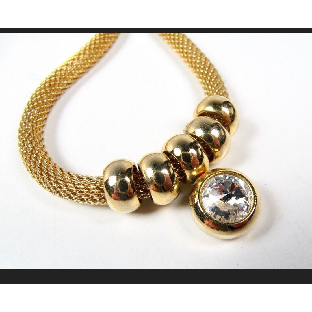 Vintage Gold Tone Metal Mesh Tube Necklace Ring Stoned Pendant Circa Size ONE SIZE - 3 Thumbnail