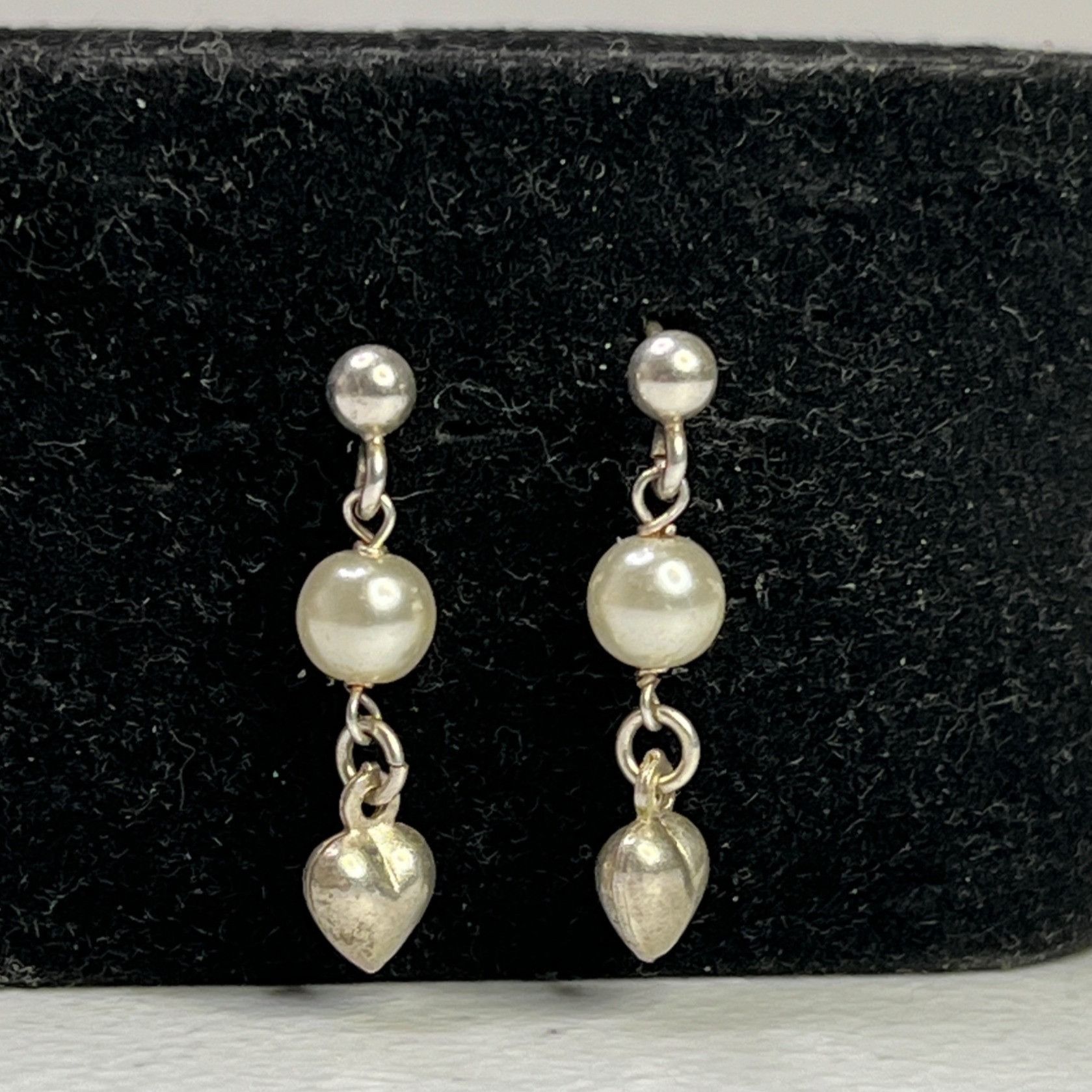 Designer Sterling Silver Drop Earrings With Heart Charms & Faux Pearl Size ONE SIZE - 3 Thumbnail