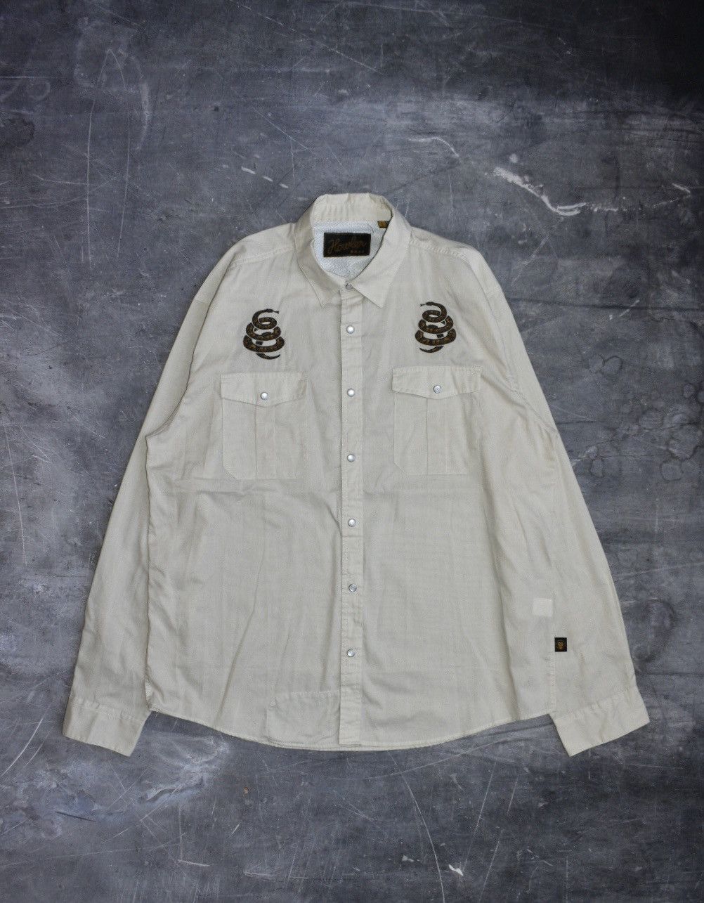 image of Vintage Howler Brothers Snake Buttondown Shirt (L) in Tan, Men's (Size Large)