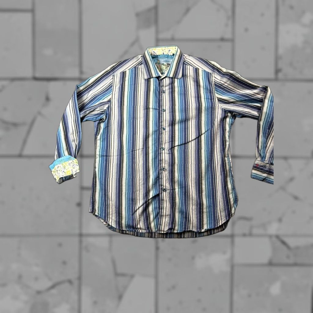 Robert Graham Shirt Mens Large Blue Stripe Long Sleeve Button Front Classic Fit