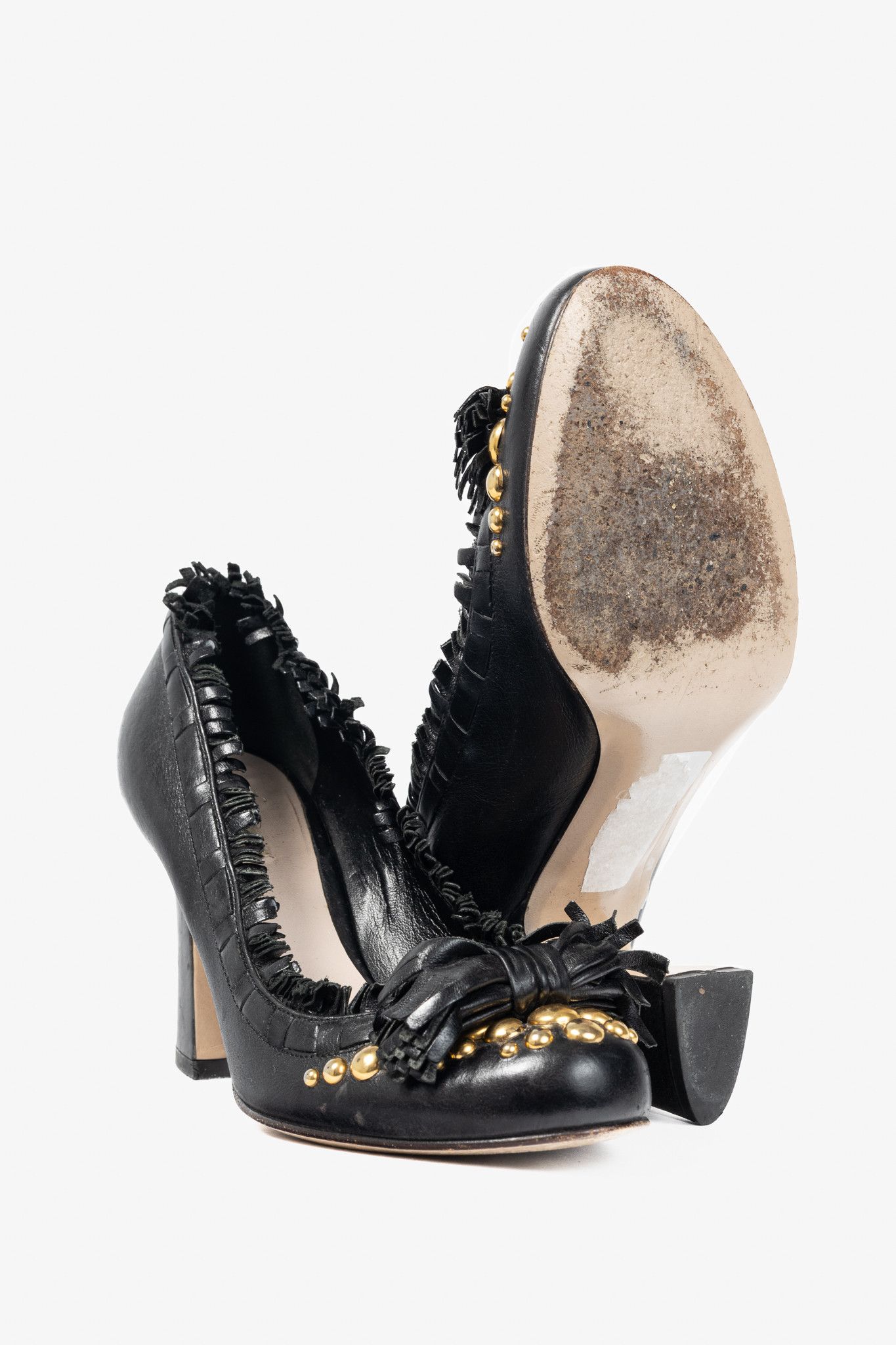 Miu Miu Miu Miu Black Leather Fringe-Trim Studded Bow Heels Size US 6 / IT 36 - 4 Thumbnail