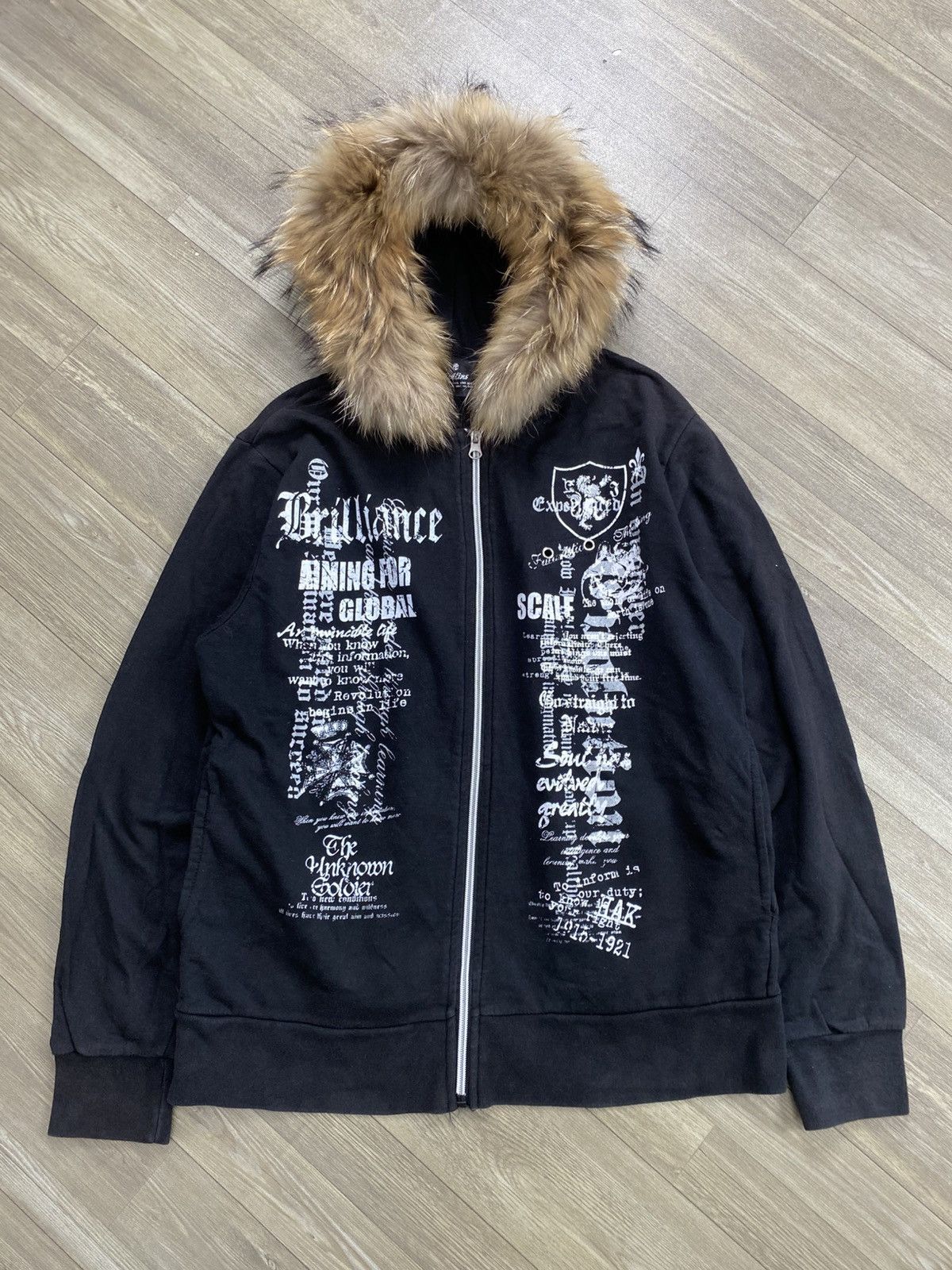 Japanese Brand 2000s Collins Skulls Poem Cross Grunge Punk Fur Zip Hoodie Size US M / EU 48-50 / 2 - 1 Thumbnail