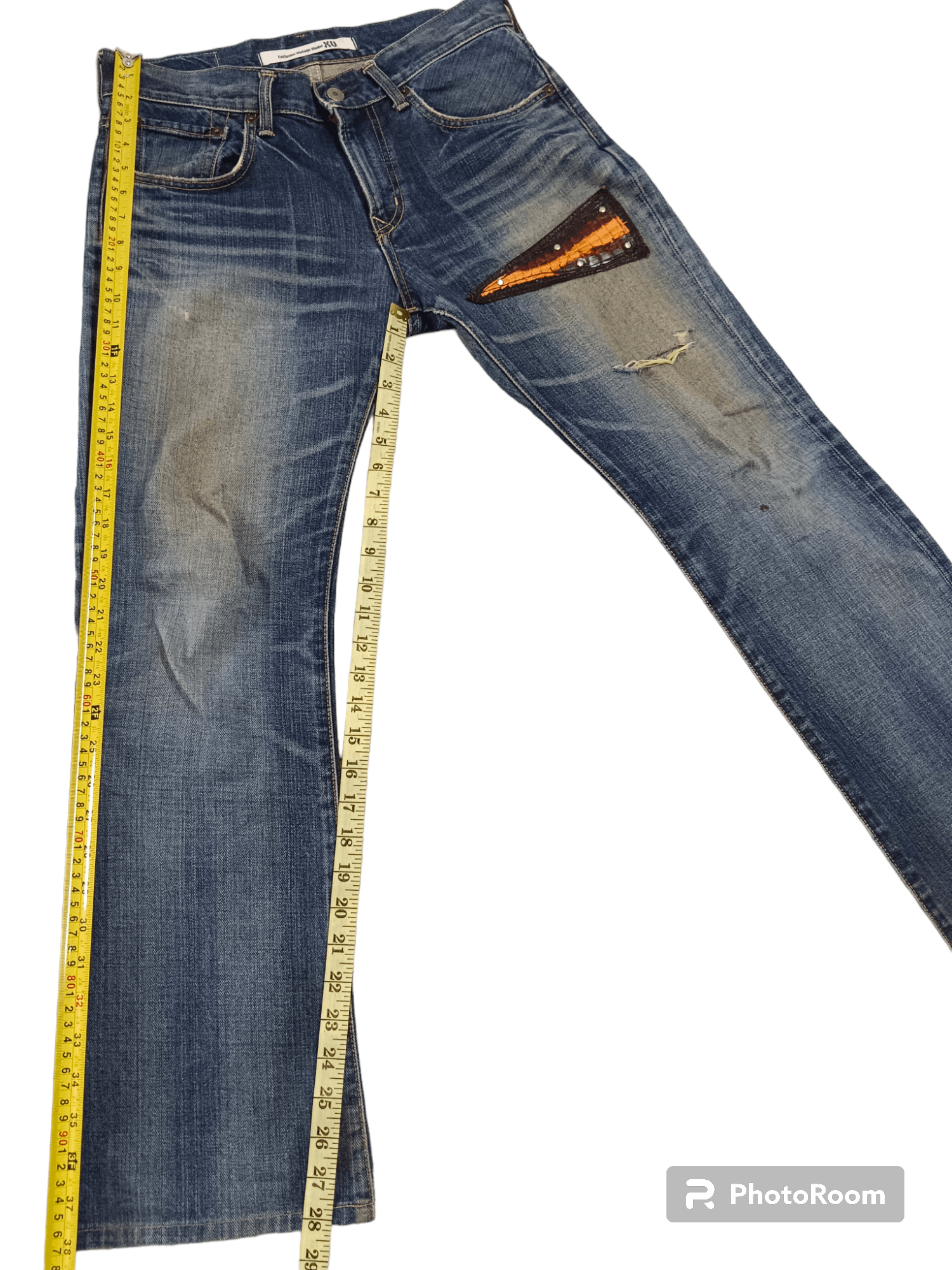 Edwin Crocodile Skin Leather Patchwork Distressed Flare Denim Size US 29 - 10 Thumbnail