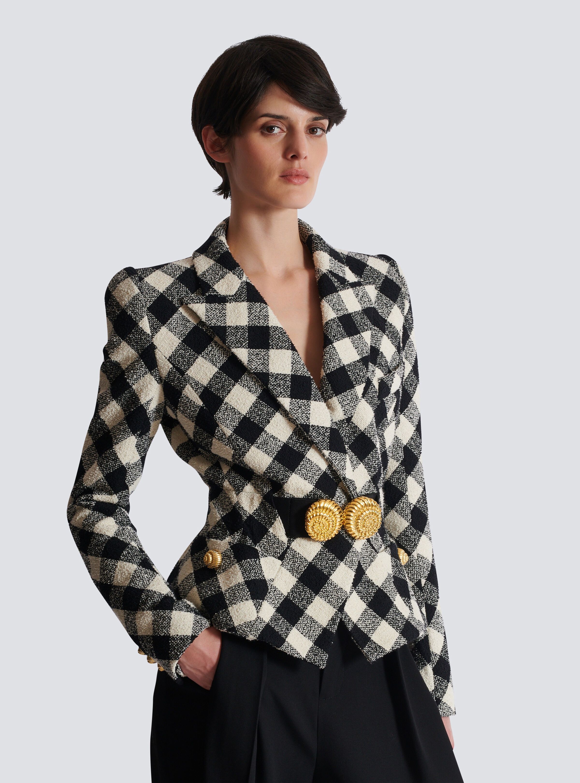 Balmain o1s1wg111025 Belted Gingham Tweed Jacket in Black/White Size L / US 10 / IT 46 - 7 Thumbnail