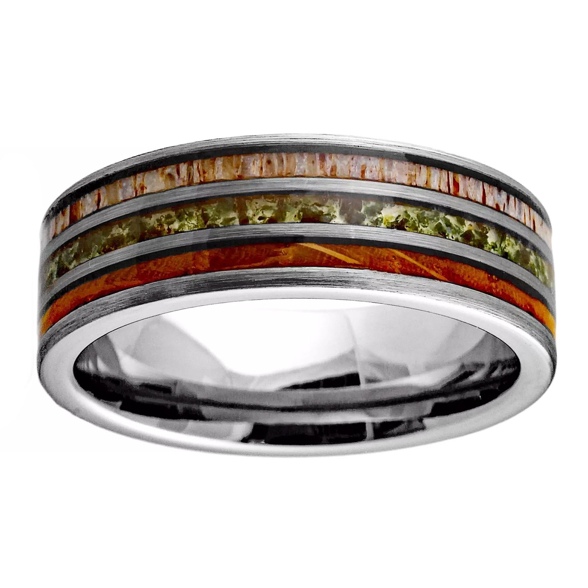 Other Tungsten Silver Moss Agate Deer Antler & Wood Band Ring Size ONE SIZE - 1 Thumbnail
