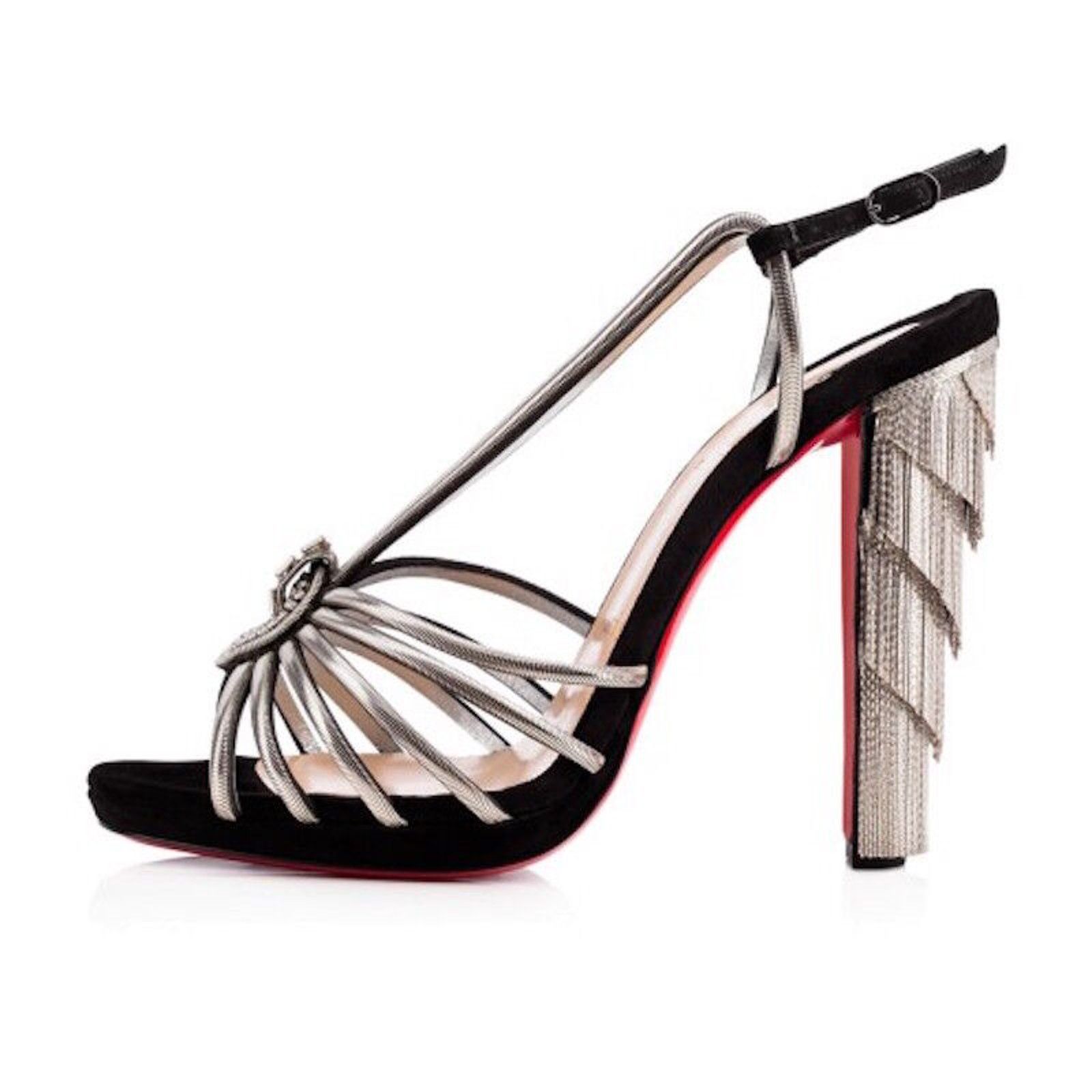 Christian Louboutin Jeanarlow 120 Black Silver Chain Sandal Heel Pump 36.5 Size US 6.5 / IT 36.5 - 3 Thumbnail