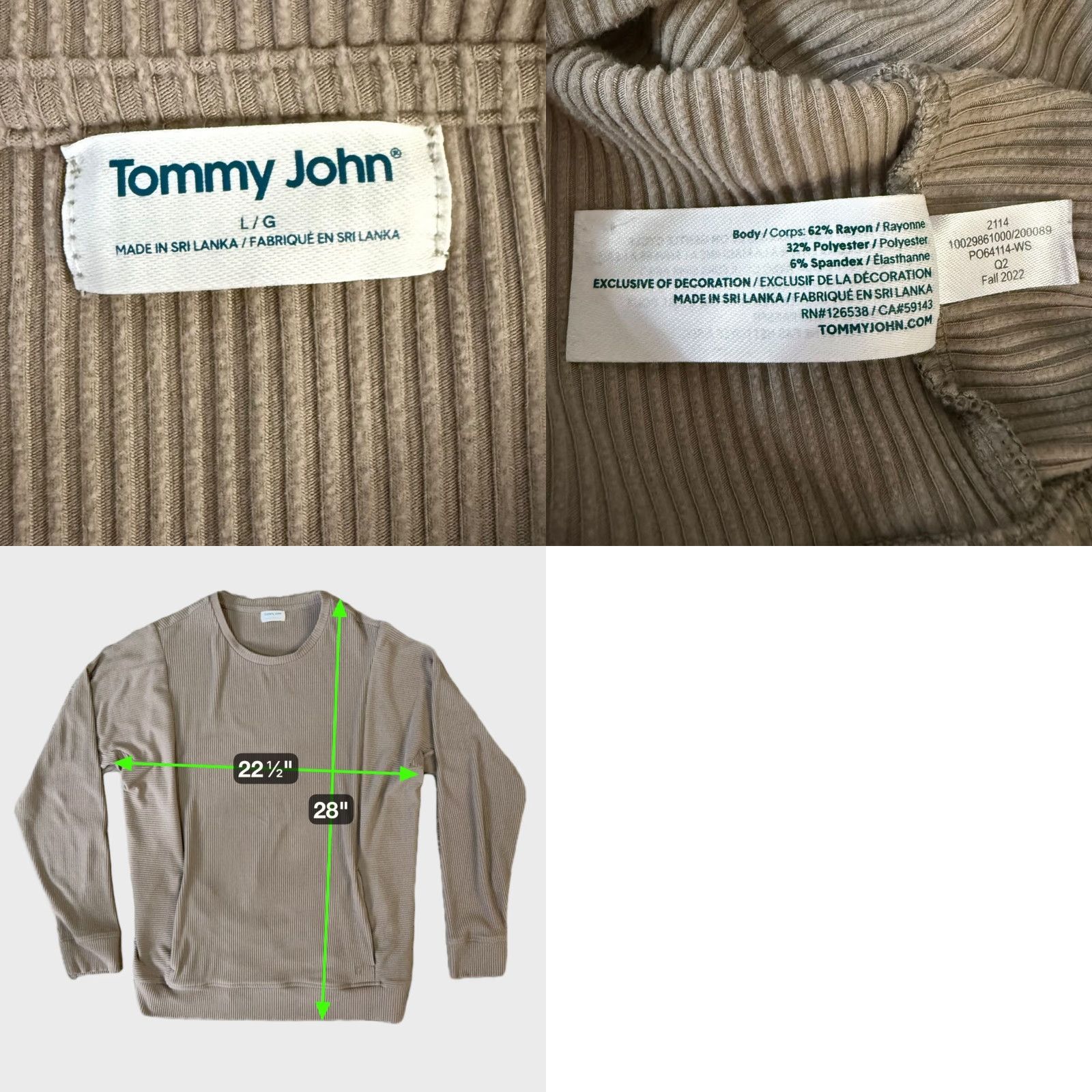 Vintage Tommy John Sweatshirt Tan Men L Ribbed Long-Sleeve Crewneck Pockets Size US L / EU 52-54 / 3 - 8 Thumbnail