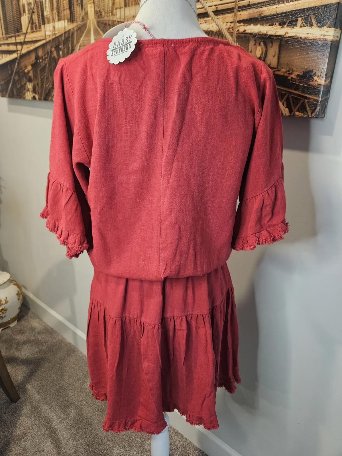 Designer Umgee Sassy Stuff Women’s Casual Frill Dress - Rust Red Size L / US 10 / IT 46 - 3 Thumbnail