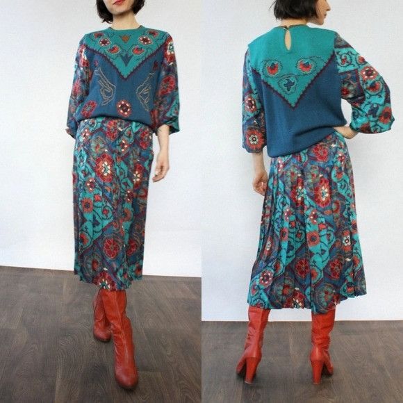 Vintage Vintage 80s Anne Crimmins Floral Silk Pleated Skirt Appliqué Size 32" / US 10 / IT 46 - 1 Thumbnail