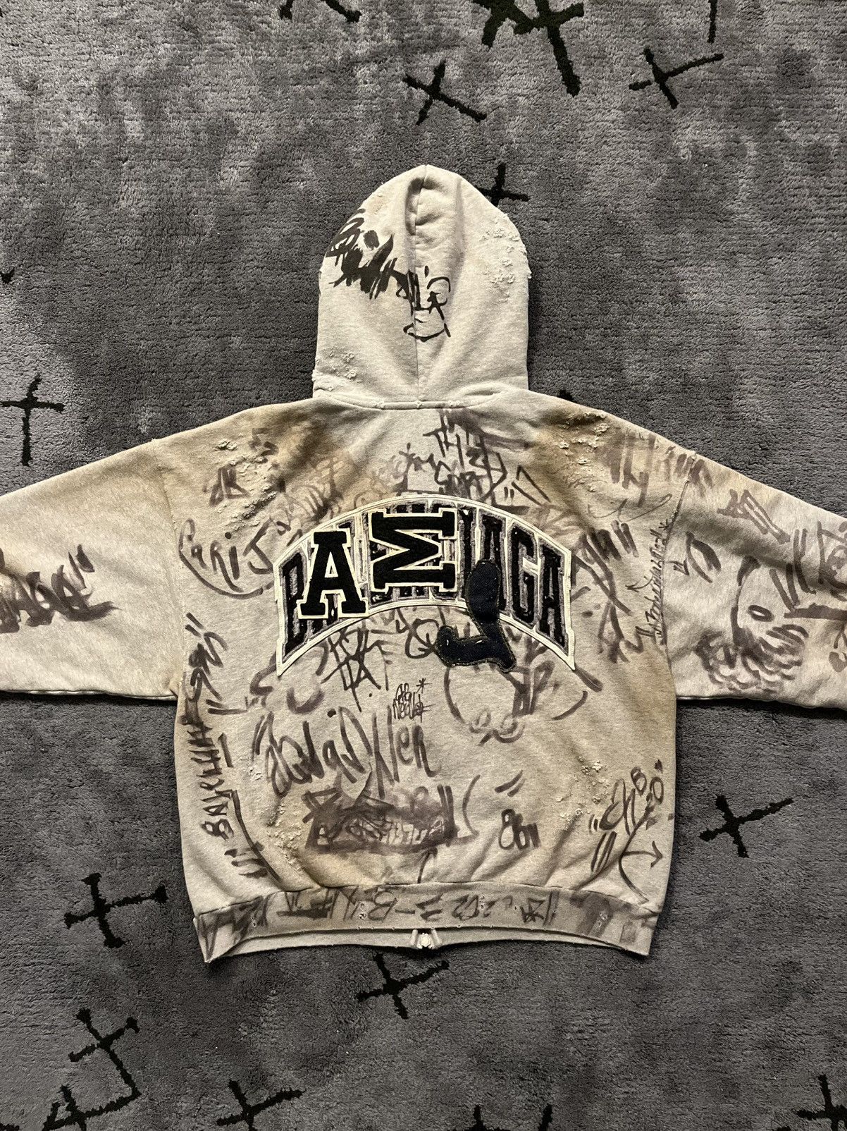 SS23 Balenciaga Skater Graffiti Distressed Zip Up Hoodie