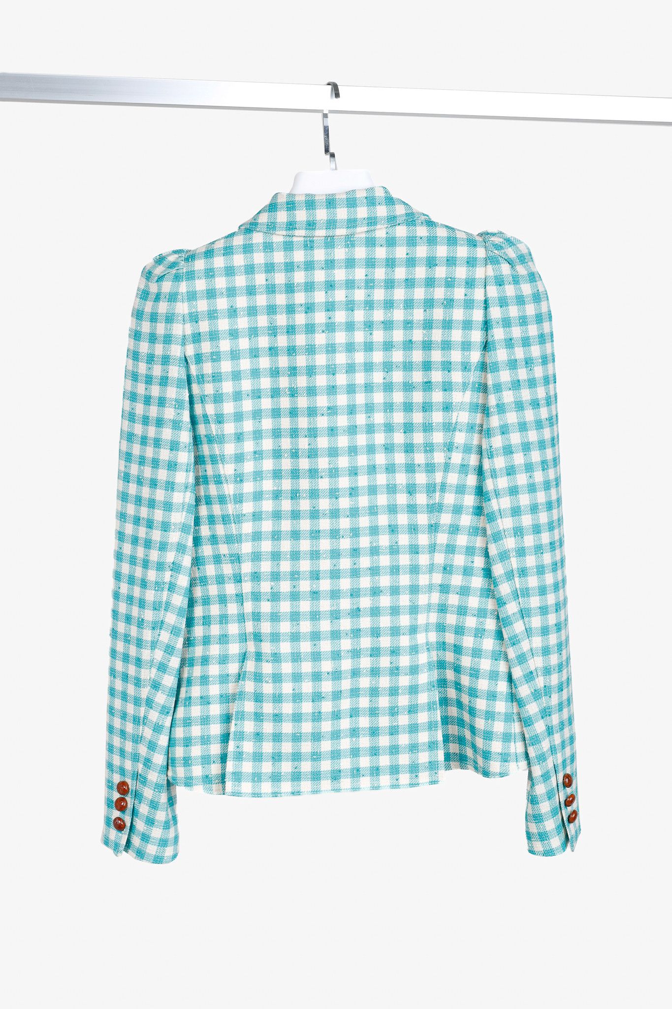 SMYTHE Smythe SS/22 Aqua Check Pouf Sleeve One Button Blazer Size S / US 4 / IT 40 - 2 Thumbnail