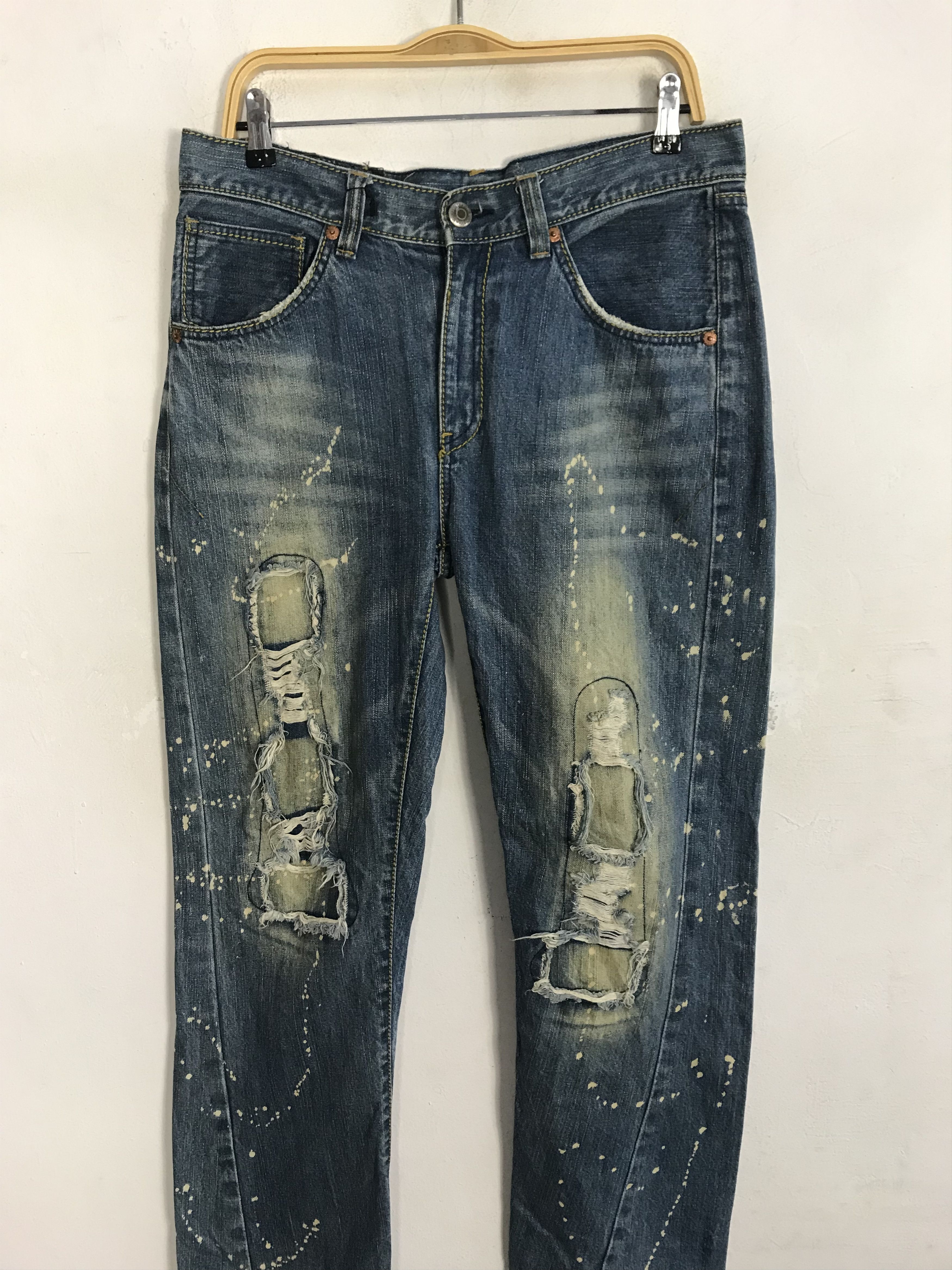 Japanese Brand Big Train Indigo Distressed Denim Paint Splash Thrashed Size US 33 - 3 Thumbnail